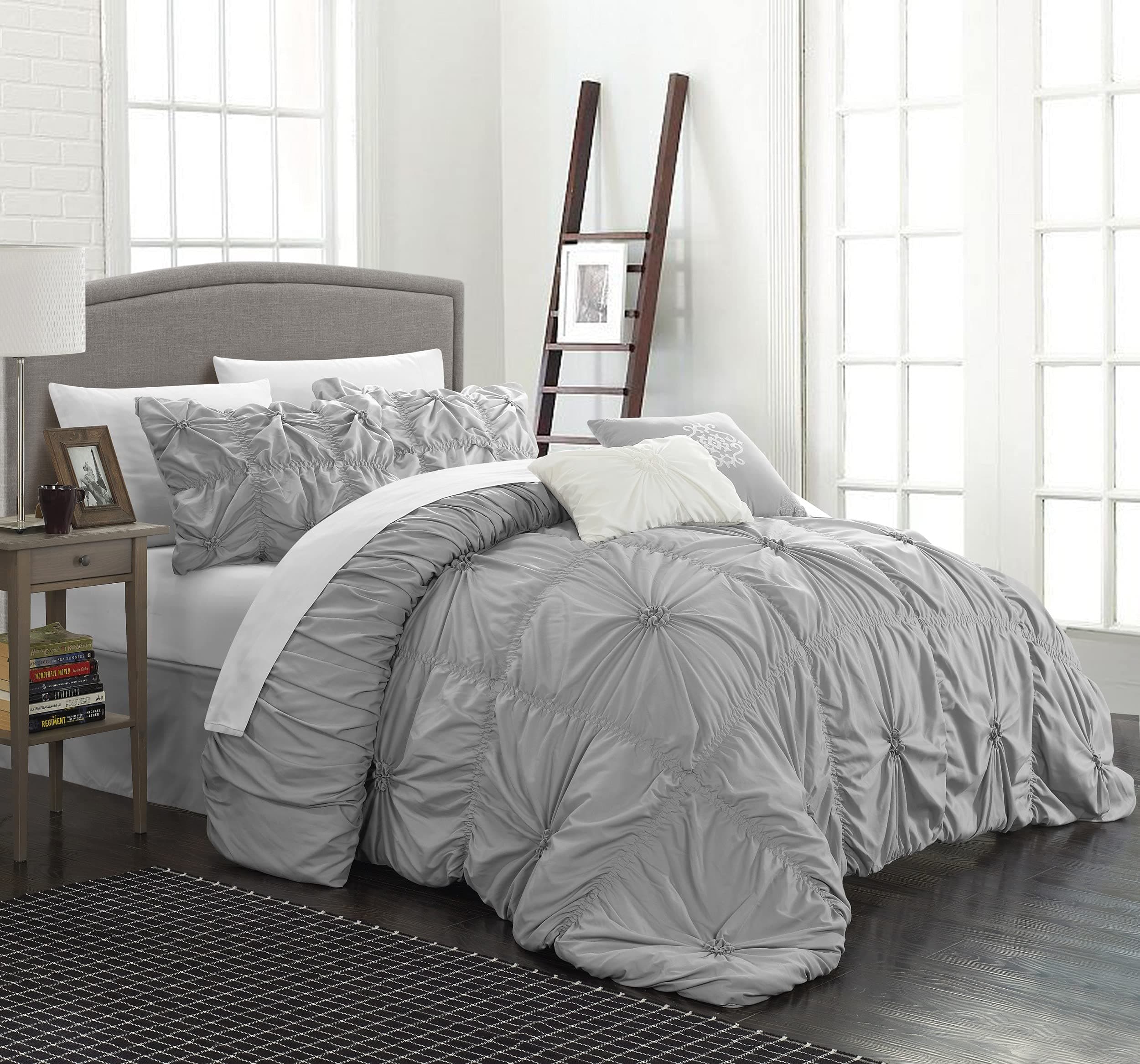 Chic Home Silver Bed in a Bag Comforter Set, King Size (6 Piece), Halpert - Pintuck Pinch Pleat Microfiber Bedding - Shams, Bed Skirt, Flat & Fitted Sheet, Pillowcases, Breakfast & Decorative Pillow