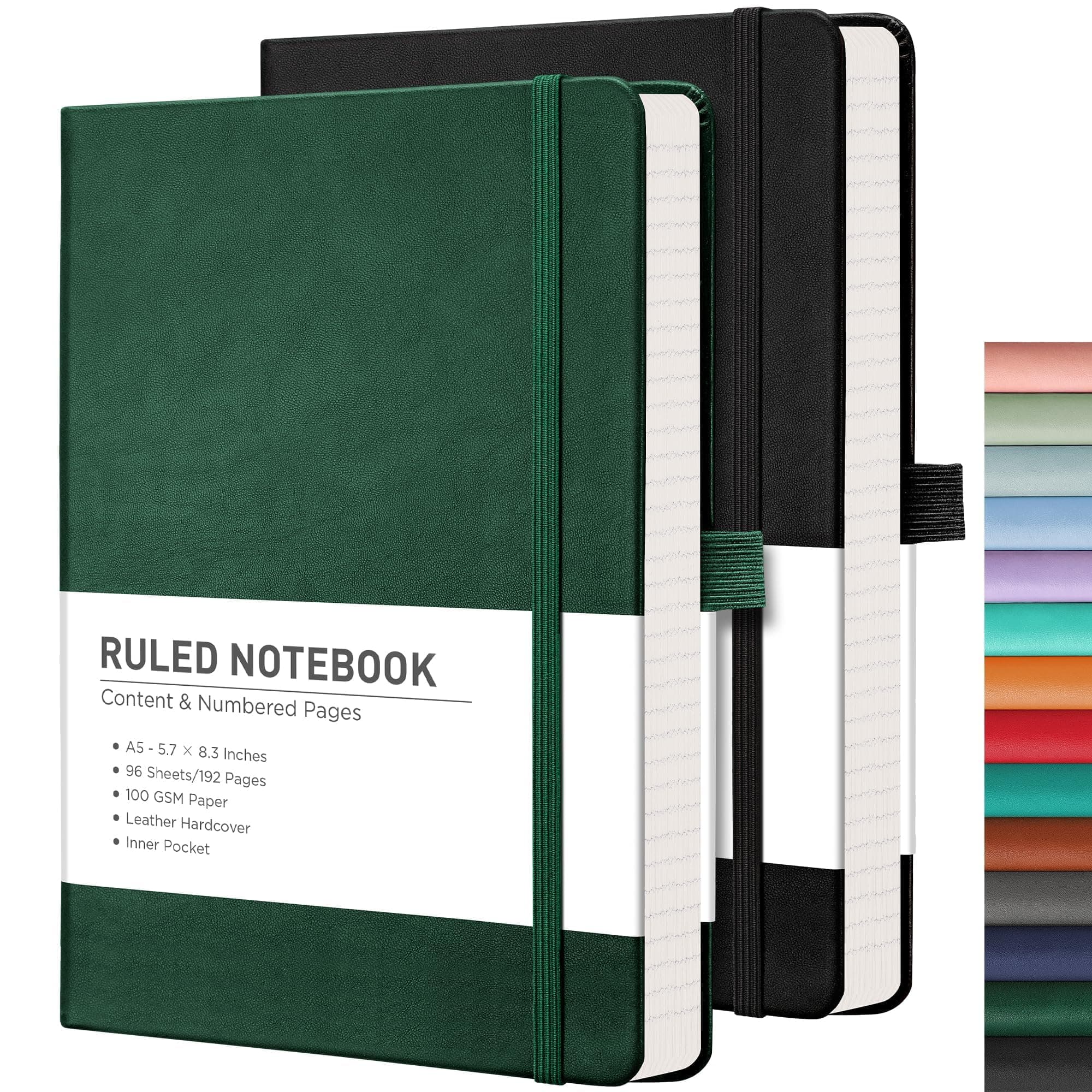 RETTACY Lined Journal Notebook, 2-Pack, 192 Numbered Pages per Pack, A5 Medium Size (5.7'' x 8.3''), for Men & Women, Writing, Work, Leather Hardcover, 100 GSM Thick Paper (Black & Dark Green)