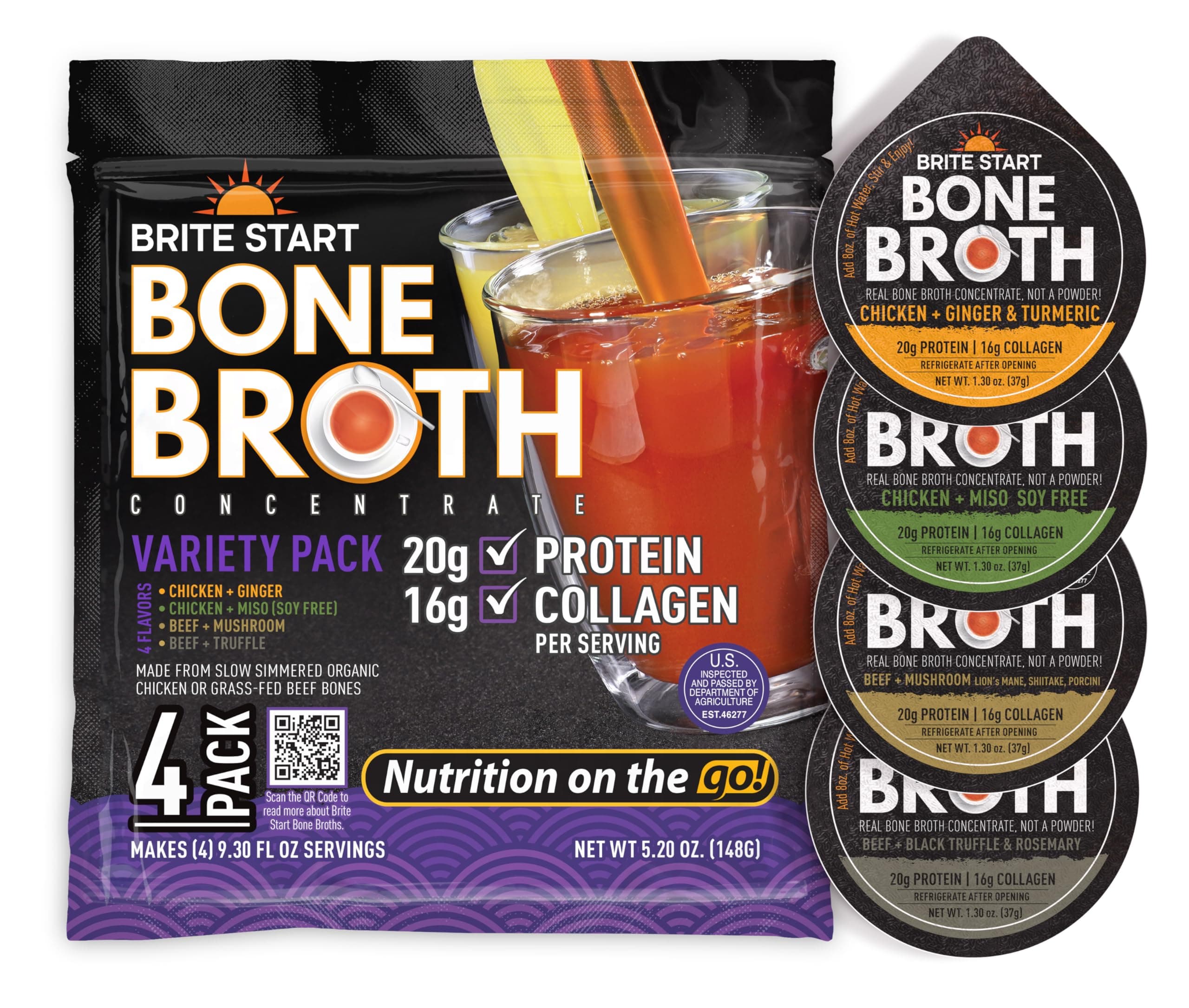 Brite Start Bone Broth - Variety Pack - 4 Count - Keto Friendly Concentrate with 16g Collagen, 20g Paleo Protein - Made from Free Range Chicken Bones & Grass Fed Beef - Single Serve Packets