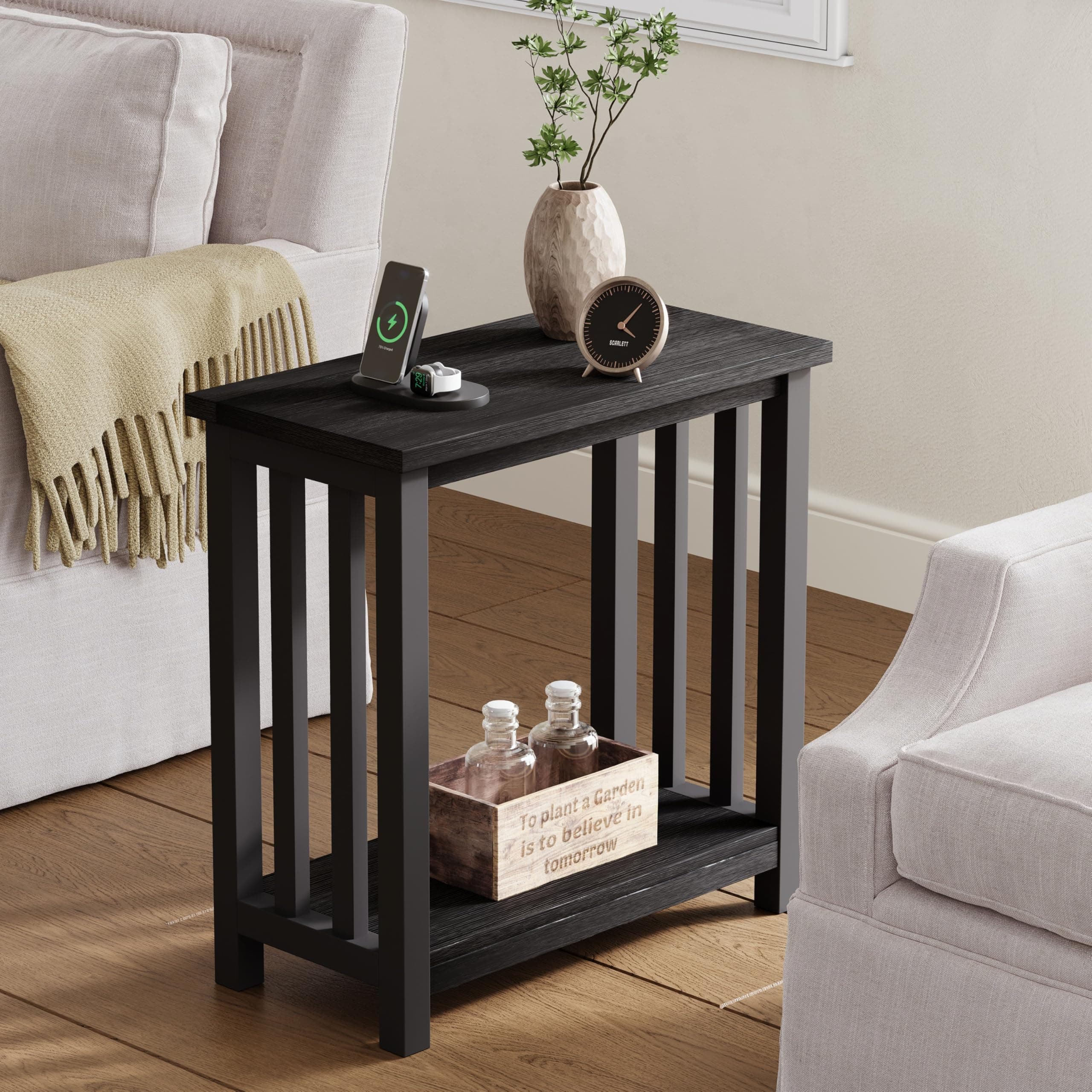 Black End Table for Small Spaces, Narrow Side Table, Night Stand with Storage Shelf for Living Room and Bedroom