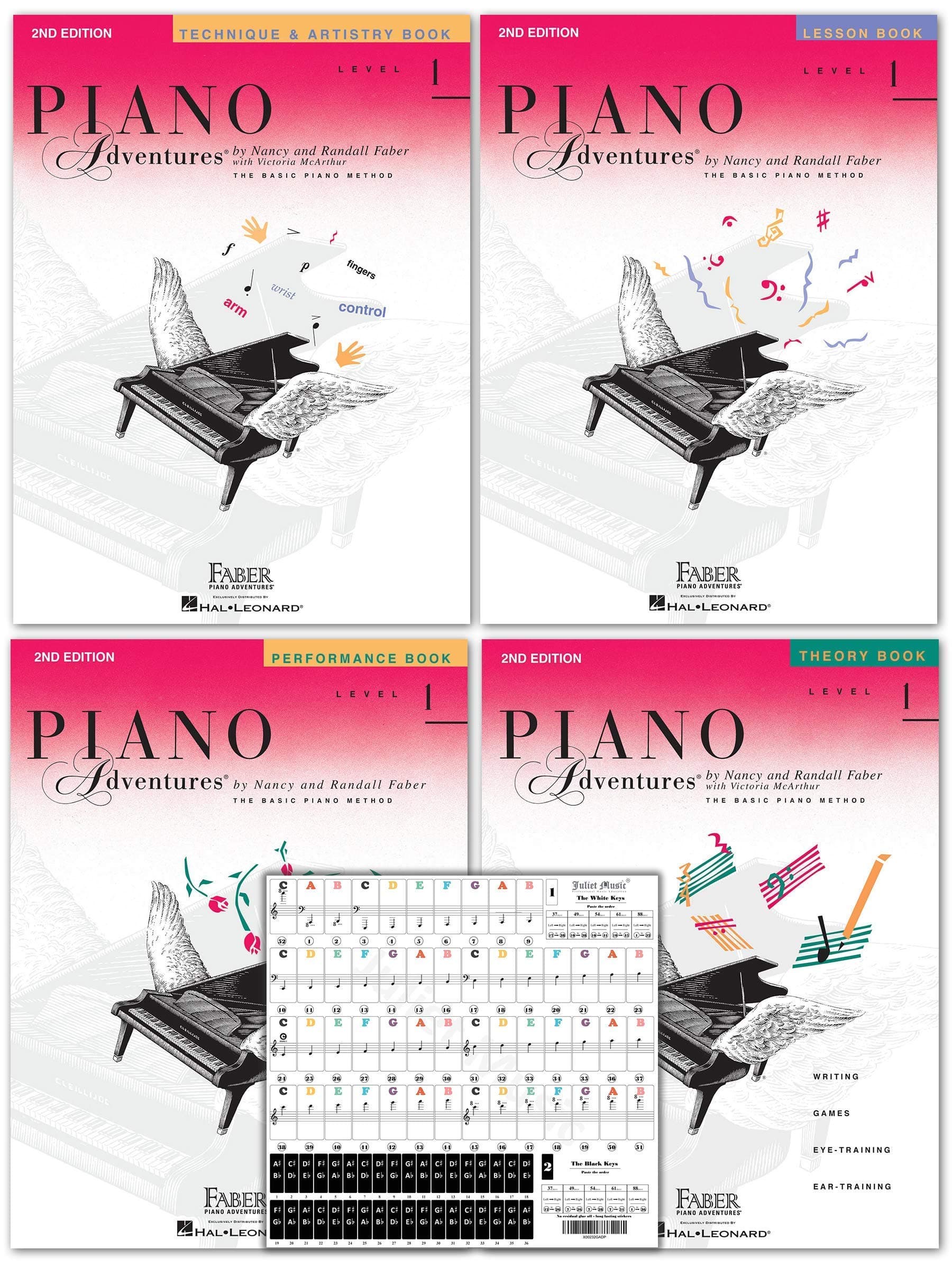 Piano Adventures Level 1 2nd Edition Bundle Set By Nancy Faber - Lesson, Theory, Performance, Technique & Artistry Books & Juliet Music Piano Keys 88/61/54/49 Full Set Removable Sticker