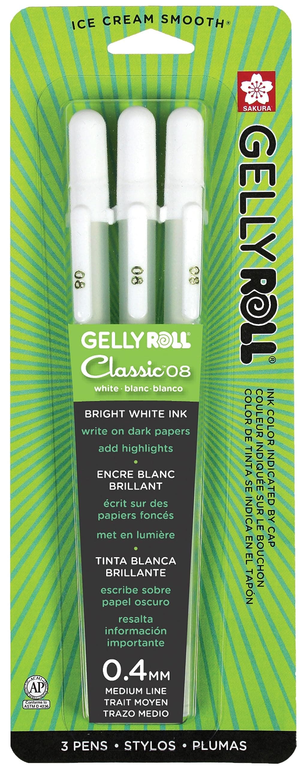 Gelly Roll Classic White 3 Pack, 08 Medium Pt., Opaque Gel Pens, Creamy Smooth Ink, Writes on Dark Paper