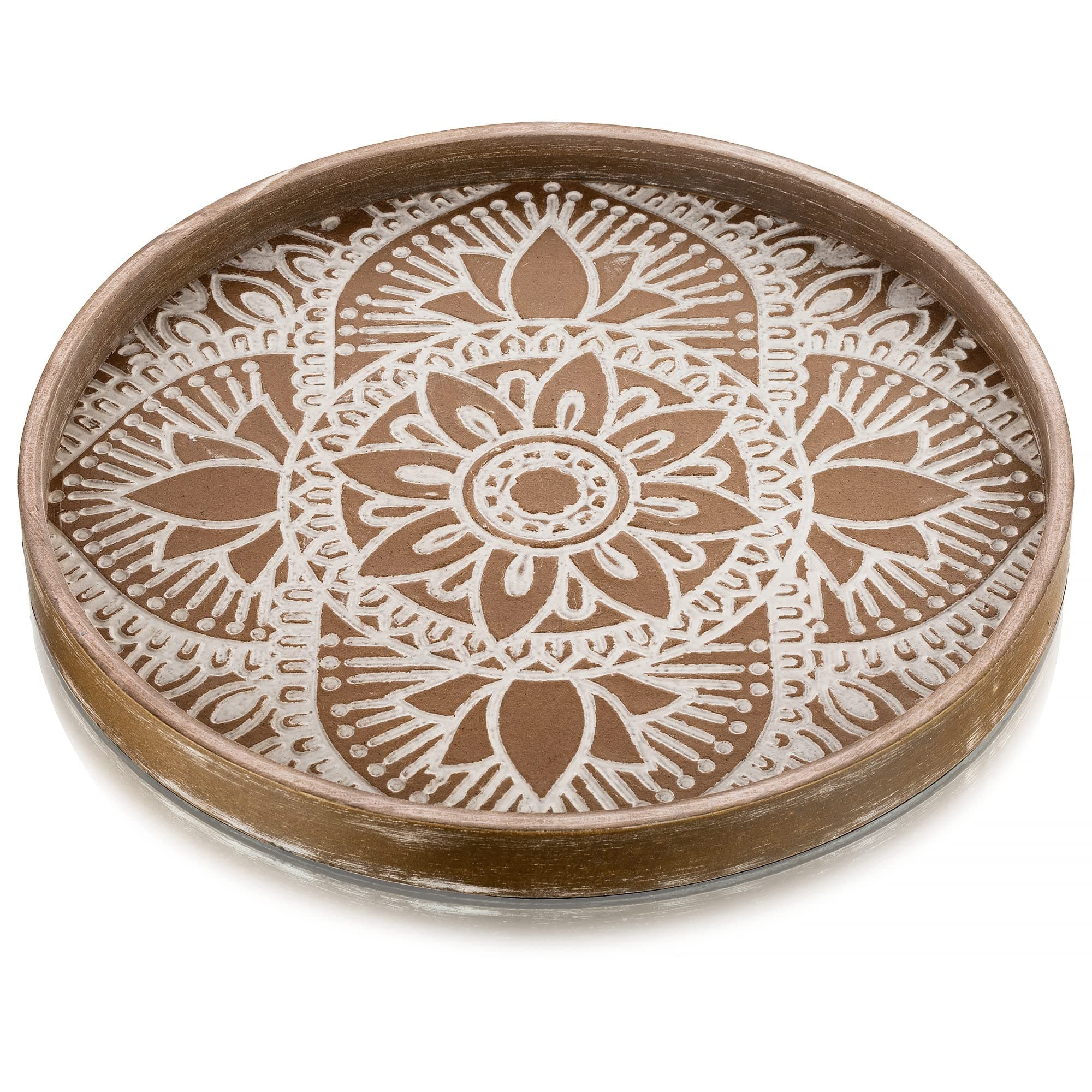 Hanobe Round Decorative Tray for Table: Boho Coffee Table Trays for Home Decor - Mid Century Farmhouse Circle Wood Serving Rustic Bohemian for Kitchen Counter Women