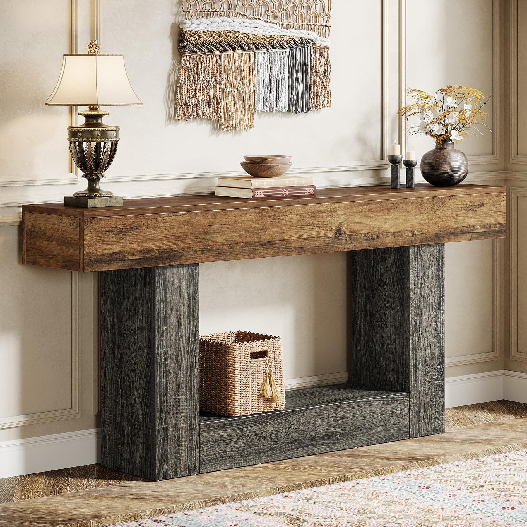 Tribesigns 63" Console Table, Farmhouse 2-Tier Entryway Table with U-Shaped Base, Narrow Long Wood Sofa Table Behind Couch Table for Living Room, Hallway, Foyer (Vintage Brown & Gray)