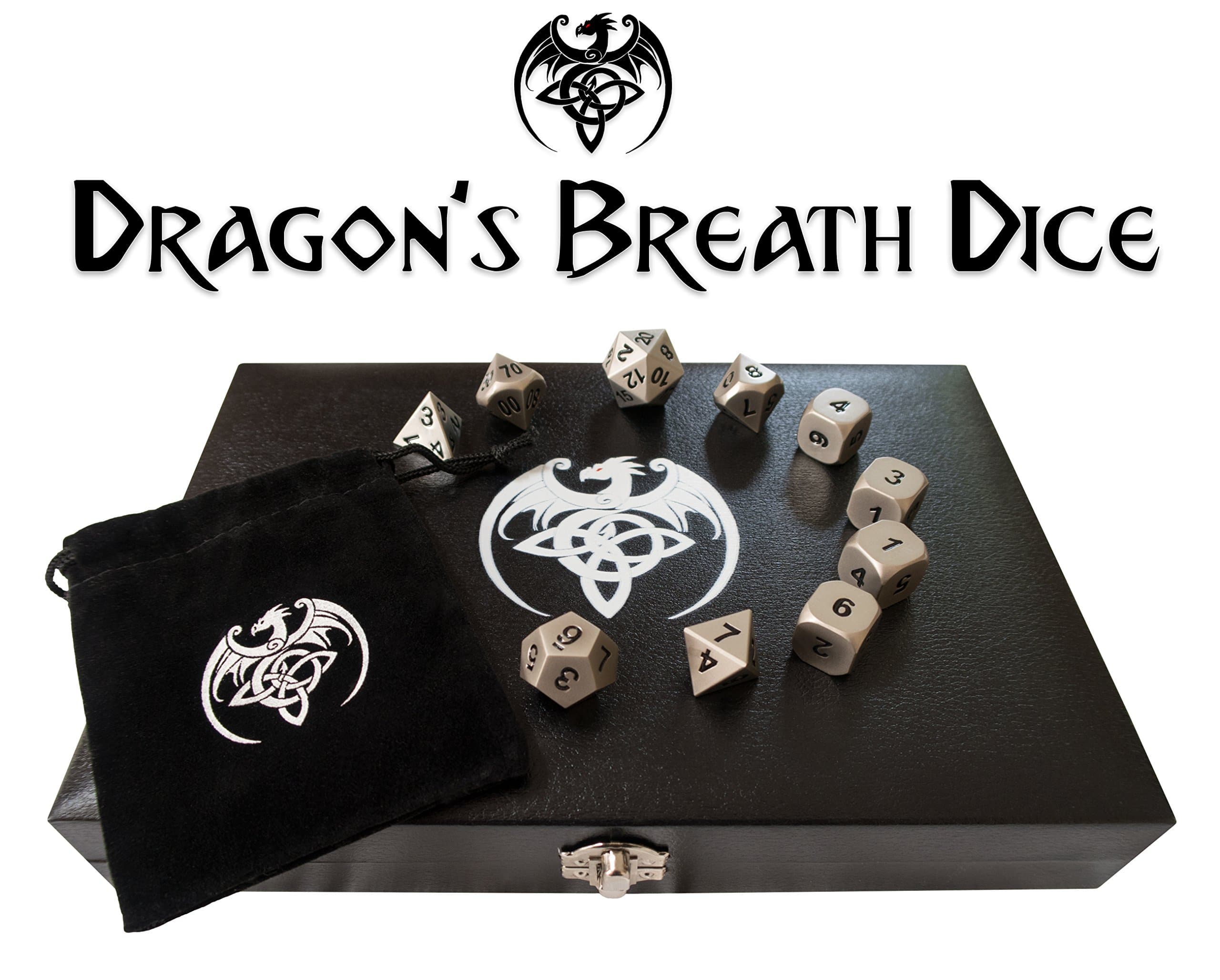 Premium Metal Polyhedral Dice Set, 7 + 3 Extra d6's = 10 Piece Dice Set, Brushed Silver Finish, Leatherette Display Case & Velvet Carry Bag. Great for RPG, D&D. Heavy in Your Hand, & Made to Last!