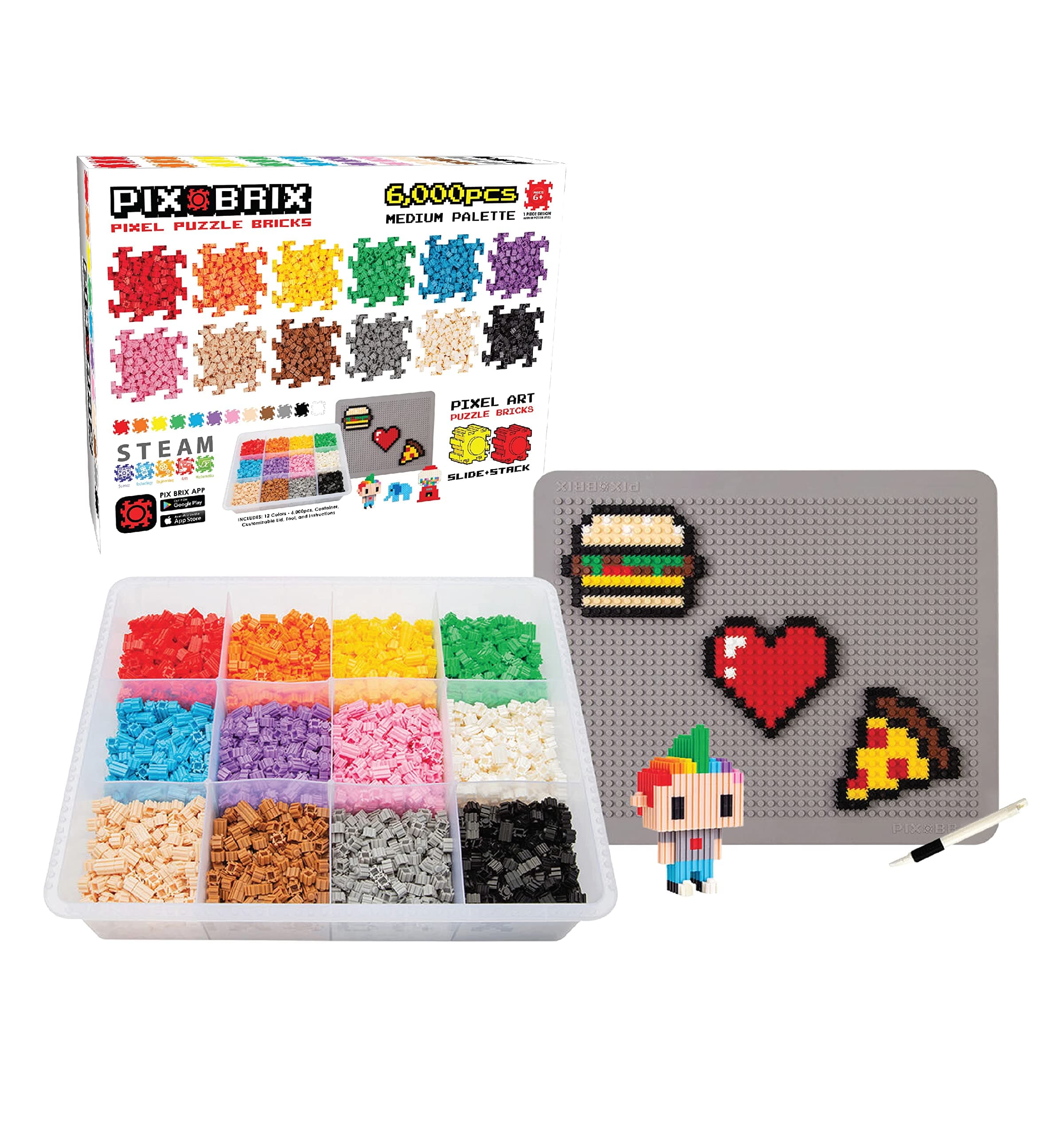 Pix BrixPixel Art kit Puzzle Bricks - 6,000 Piece Pixel Art Container, 12 Color Medium Palette - Interlocking Building Bricks, Create 2D and 3D Builds Without Water or Glue - Stem Toys, Ages 6 Plus