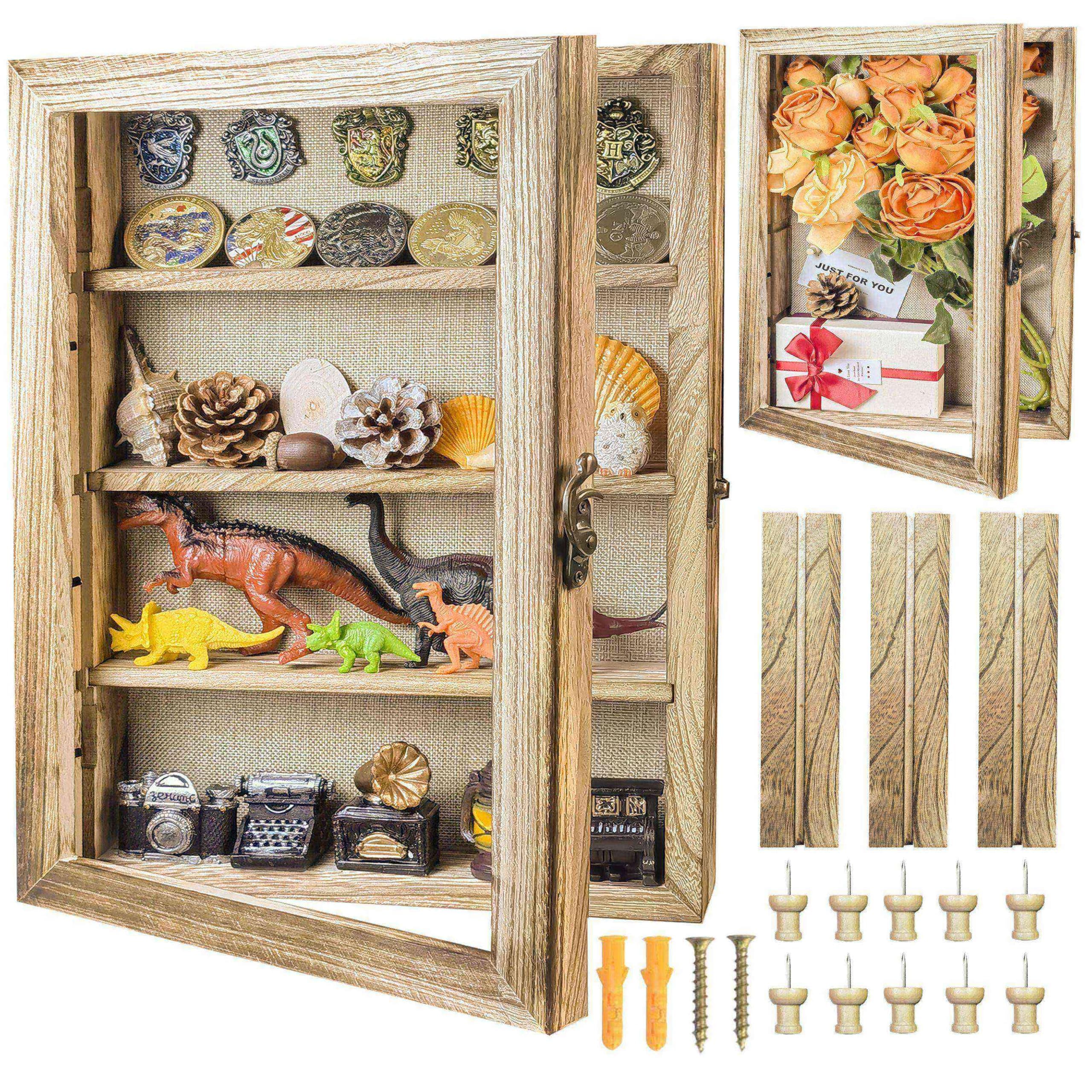 Houstimi11x16 Large Shadow Box Frame Deep Shadow Box with Shelves Pet Memorial Shadow Box Display Case with Linen Back for Flowers, Pictures, Medals, Coins, Pins Collection and More(Original wood)