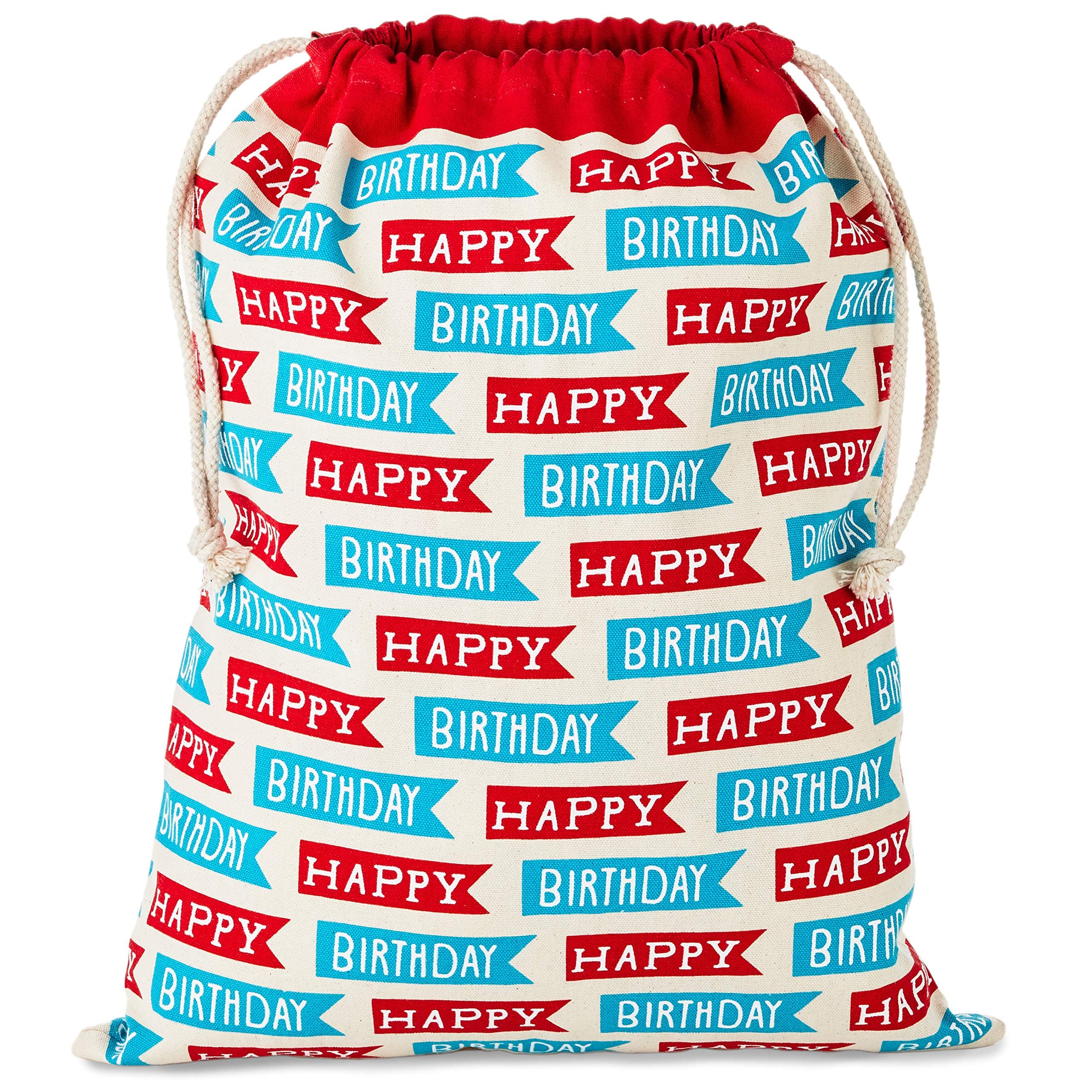 19" Large Birthday Drawstring Gift Bag (Red and Blue "Happy Birthday" Flags) for Kids, Grandchildren, Adults, Coworkers, Friends