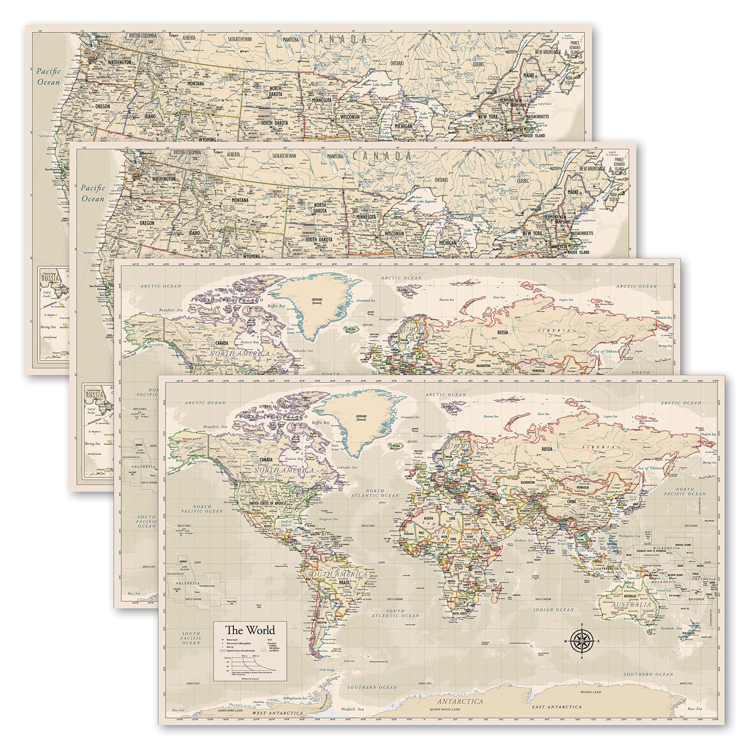 Palace Learning 4 Pack - 2 World Map Chart [Antique Style] - 2 USA Map Chart [Antique Style] (LAMINATED, 18” x 29”)
