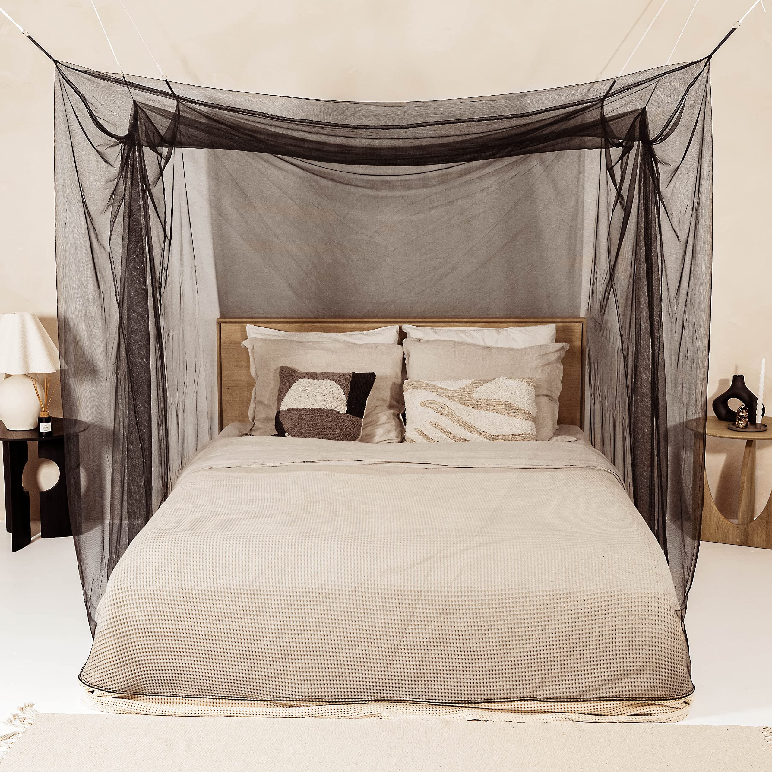 Black Mosquito Net for Single to King-Sized Beds – 2 Side Openings & 6 Hanging Loops – Decorative Rectangular Shape for Home & Travel – Bed Canopy Hanging Kit & Carrying Bag Included