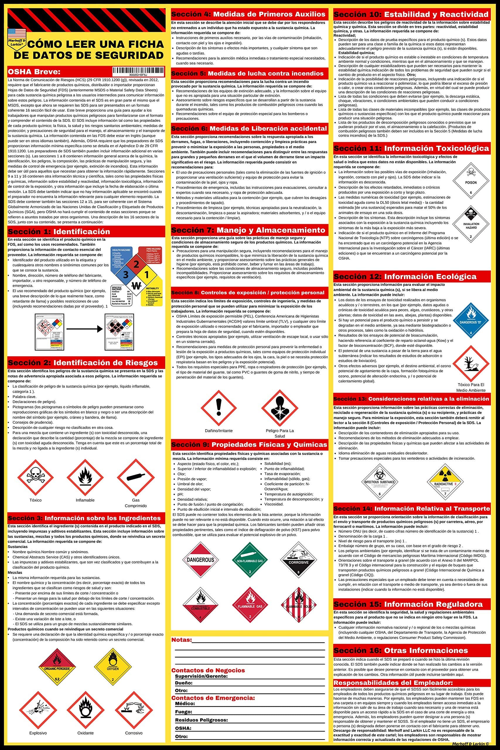 How to Read A Safety Data Sheet (SDS/MSDS) Poster | English & Spanish | 24 x 36 Inch | UV Coated Paper Sign | OSHA, HMIS, Hazard Compliance Center | Display Instructions Chemical Labels (Spanish)