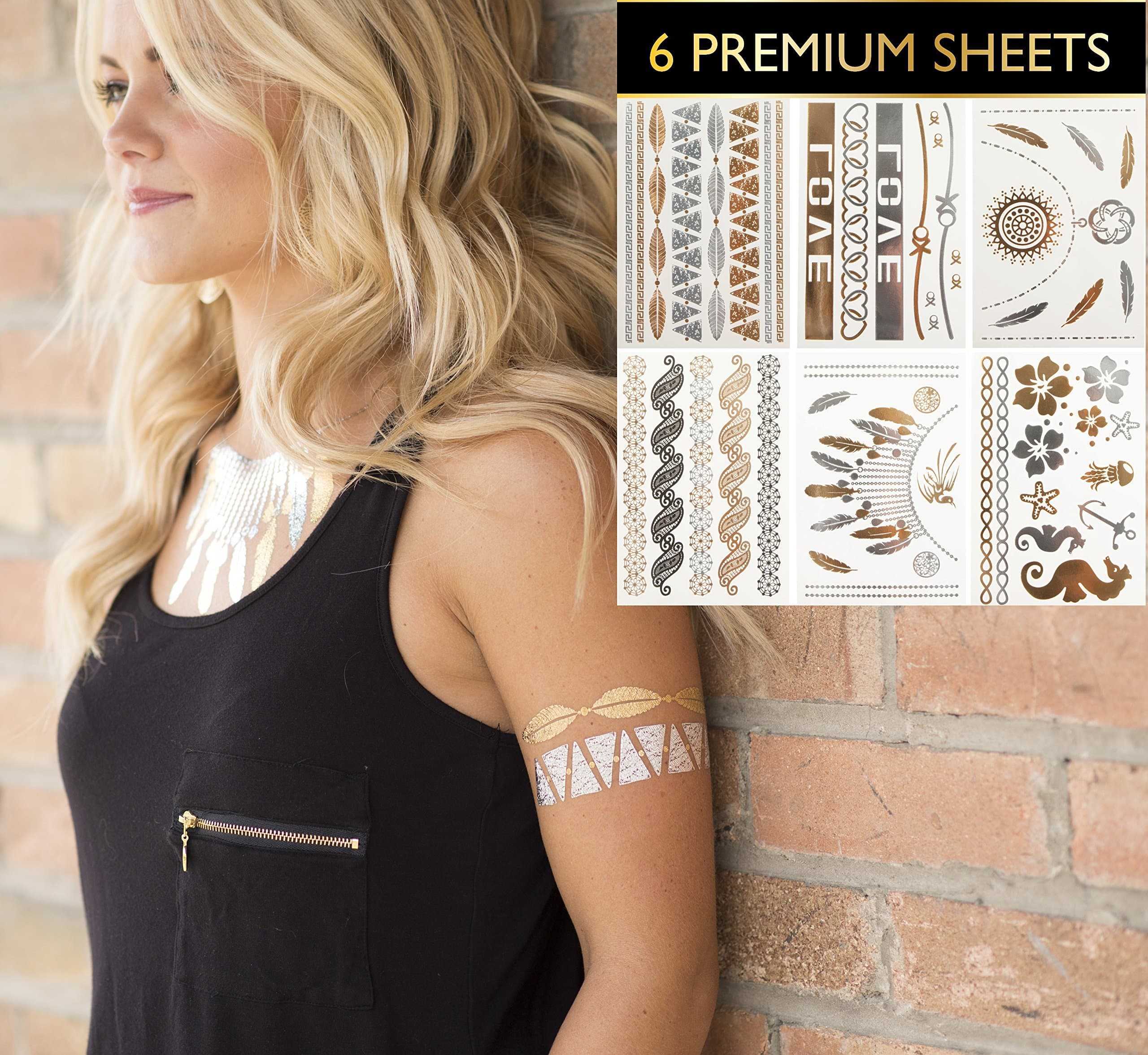 6 Premium Sheets - Metallic Gold and Silver Temporary Flash Tattoos and Trendy