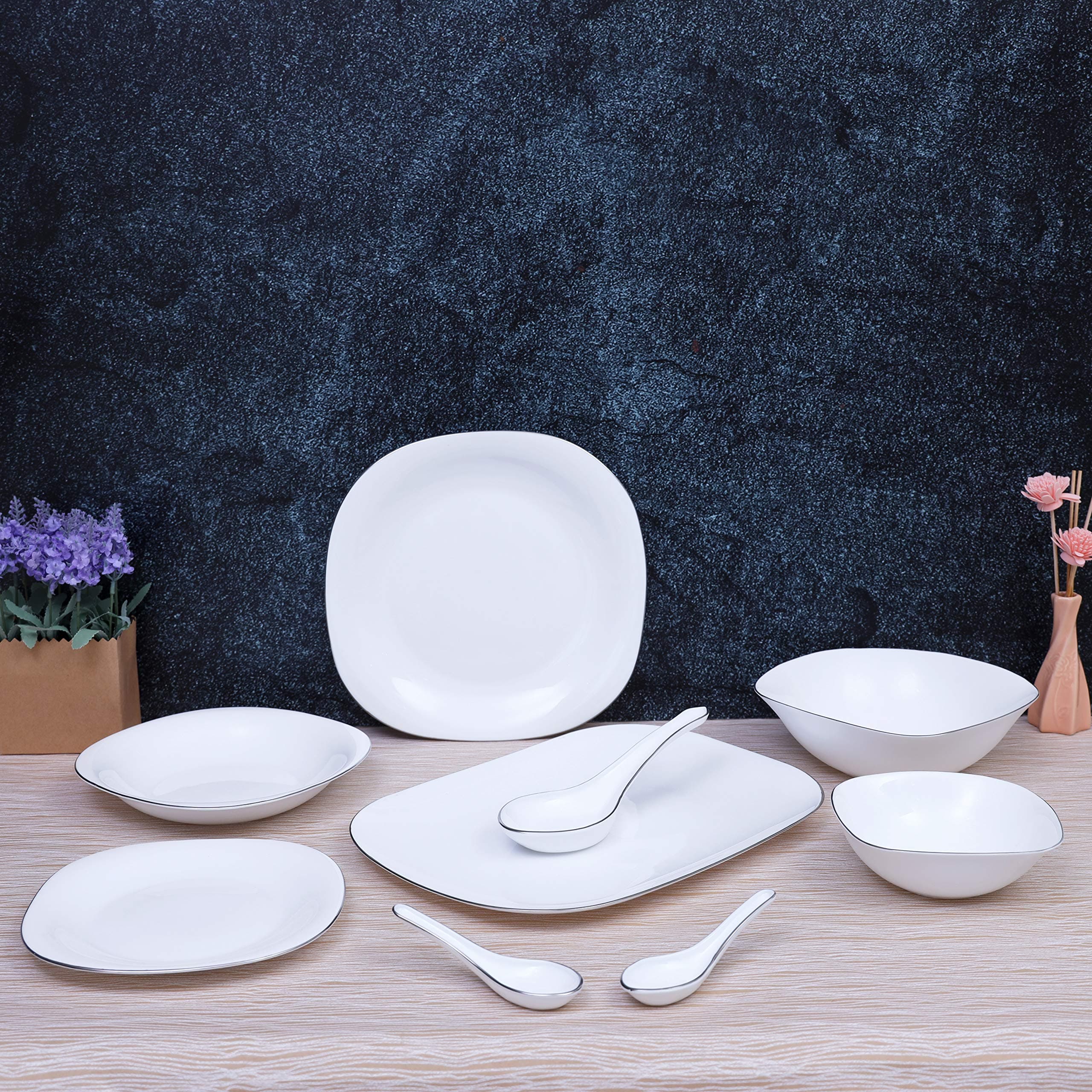 Royalford Opalware 36 pcs Soft Square Dinner Set, White, RF7053