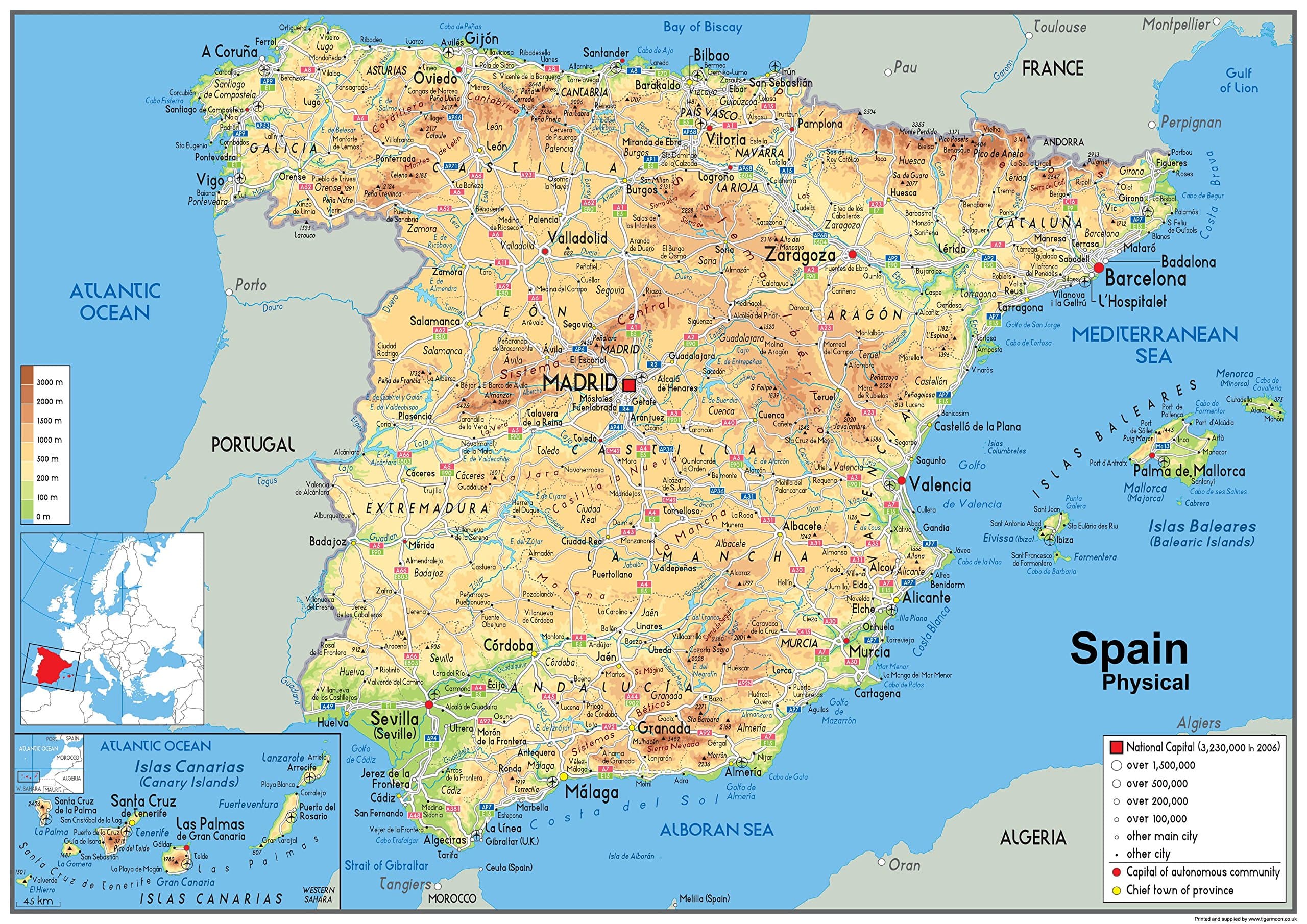 Spain Physical Map - A1 Size 59.4 x 84.1 cm