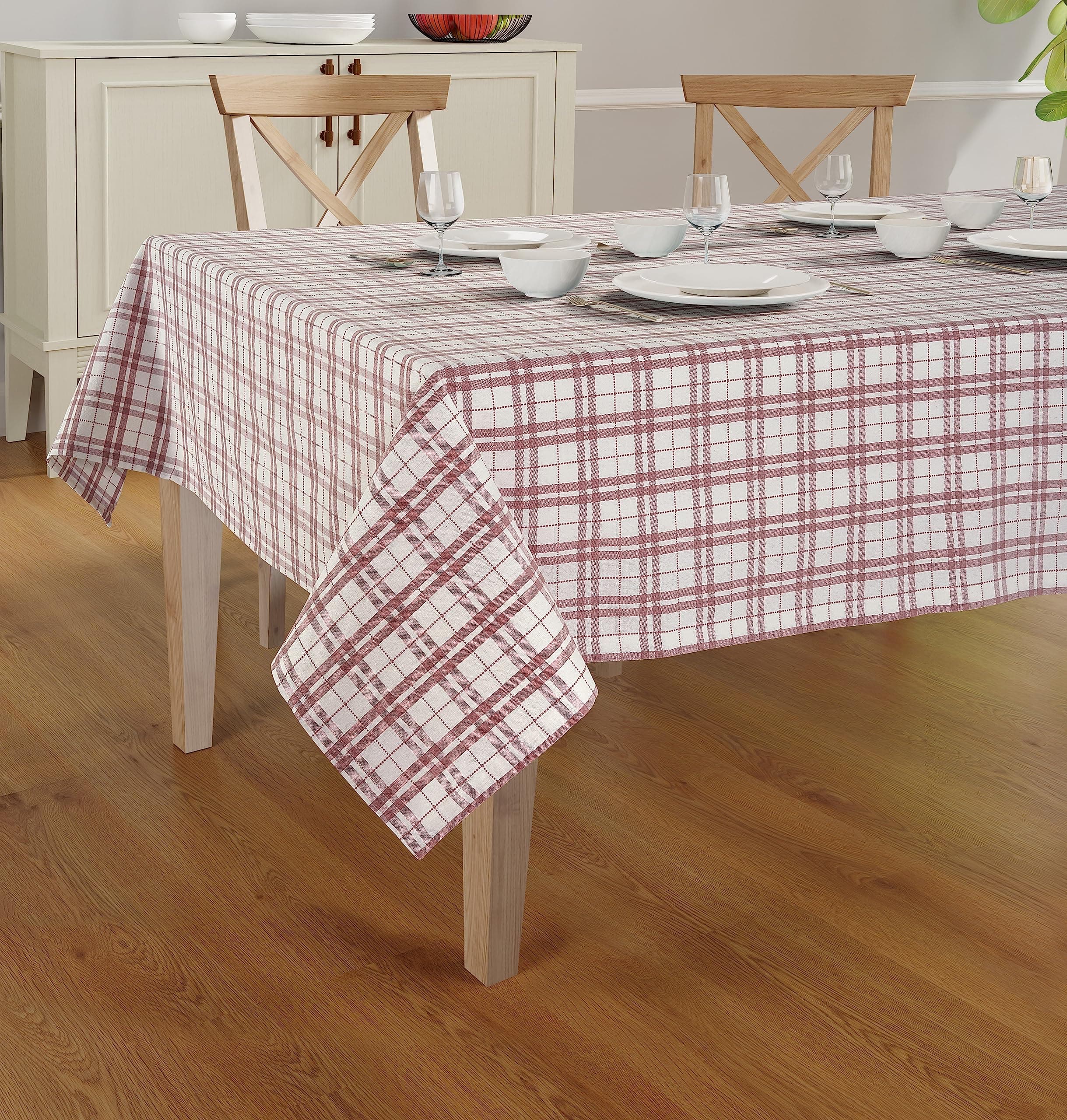 Casa De Lan Dobby Check Tablecloth. Mitered Stitching 100% Ring Spun Cotton Tablecloth in Size (60x84 inches). Rectangle/Oblong Color - Dark Pink