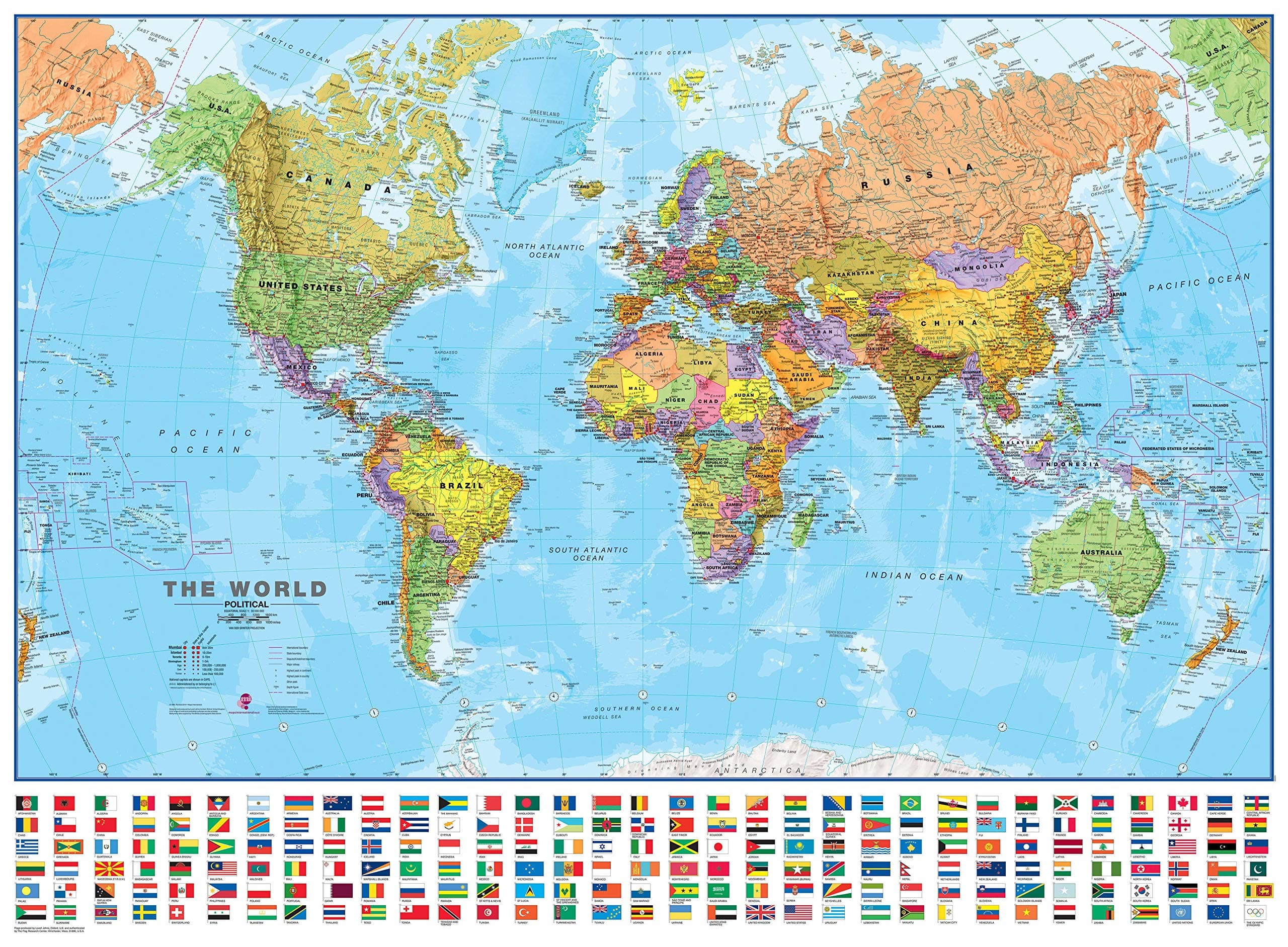 Large World Wall Map (political) - with flags (Large World Map with Flags - 33 x 47 inches