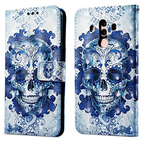 Leather Case for Huawei Mate 10 Pro (Not for Mate 10), ZCRO PU Leather Wallet Magnetic Flip Case Colourful 3D Pattern Cover with Card Holder Wrist Strap Book Style Ultra Slim Wallet Case Cover Beautiful Design Shell for Huawei Mate 10 Pro (Skull)