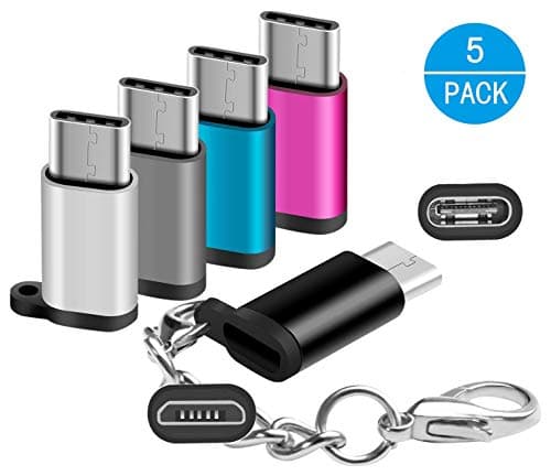 Arukas USB C Adapters with Keychain, USB Type C to Micro USB Connector for Samsung Galaxy S9 S8 Plus S8+ Note 8 New MacBook Pro LG G5 G6 V20 V30 Nexus 5X 6P Google Pixel 2 XL, 5Pack (bl+gr+pr+sl+bu)