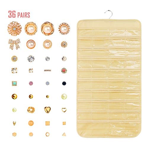 36 Pairs Dangle Stud Earrings, Ear Ring Piercing Nail Clip Eardrop, OULOVER Tragus Dangler Pin Stick Set + 1 Fashion 80 Pockets Non-Woven Dual Sides Foldable Hanging Jewelry Organizer (Travel Set)