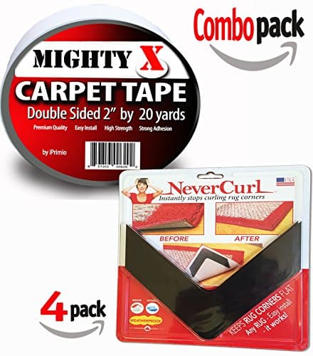 Combo Rug Package - Includes NeverCurl (Stops Curling Corners) and Mighty X Tape (Stops Rug Slipping) (4 Pack / 20 Yards) Carpet Tape. Anti Curl Rug. Replace Rug Pad.