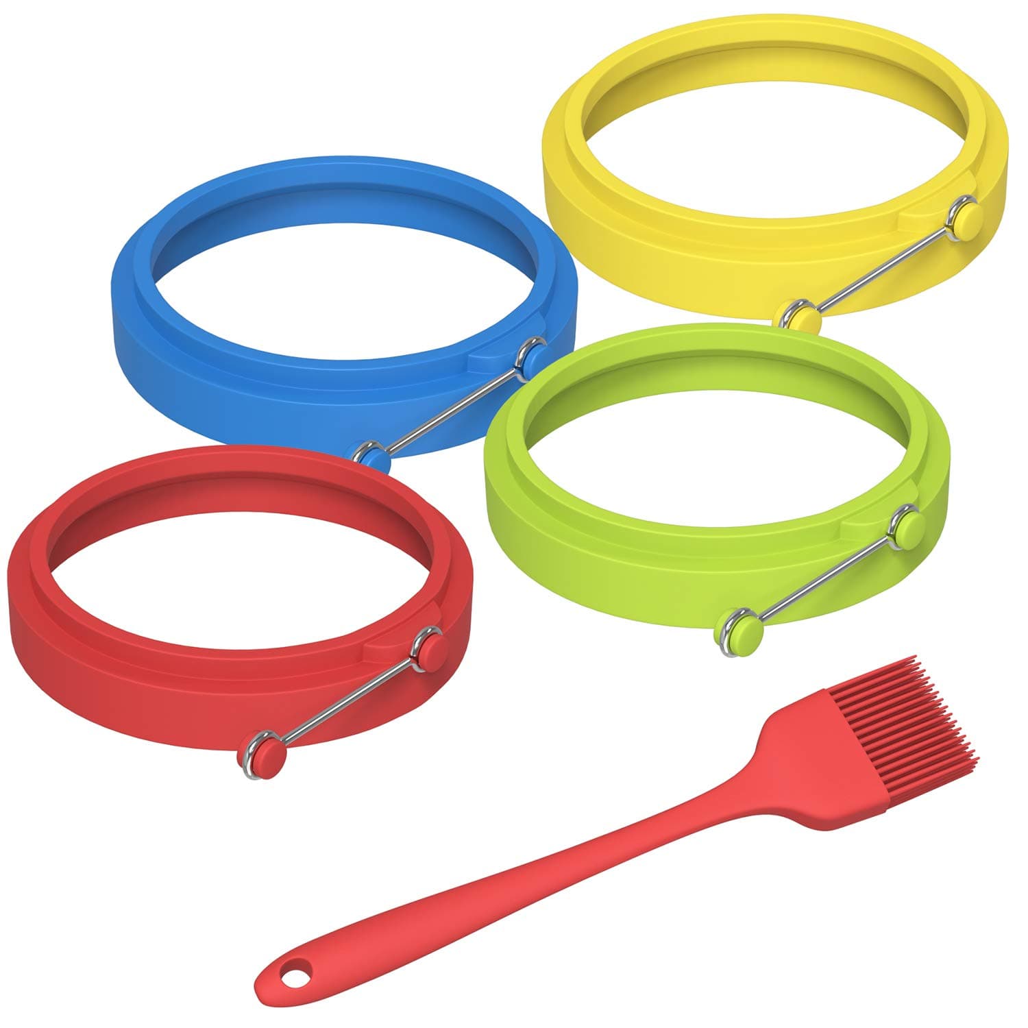 Silicone Egg Rings, Ouddy 4 Pack Non Stick Fried Egg Mold Pancake Rings, Round Egg Cooker Maker for Frying Eggs - 4 Color with 1 Free Brush