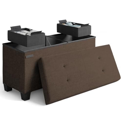 STORAGEBUD Storage Ottoman Bench with Bins, 30-in Storage Bench for Bedroom End of Bed, Folding Foot Rest Ottoman for Living Room Max 660lbs, Fabric Ottomans, Brown