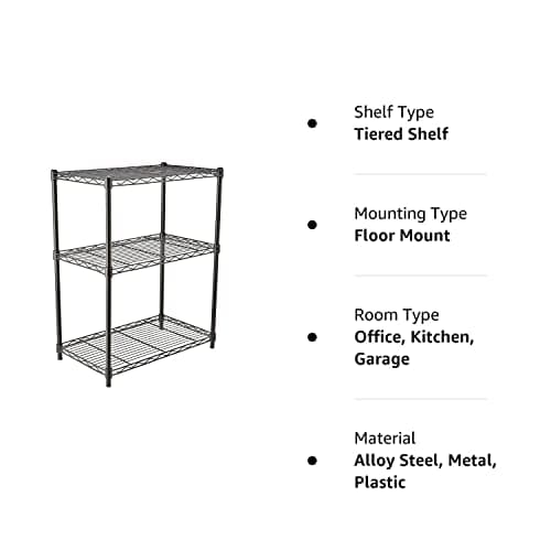Amazon Basics Height Adjustable 3-Shelves Heavy Duty Rack - Black (Steel, Black Coated Chrome Finish), Tiered Shelf - Free Standing