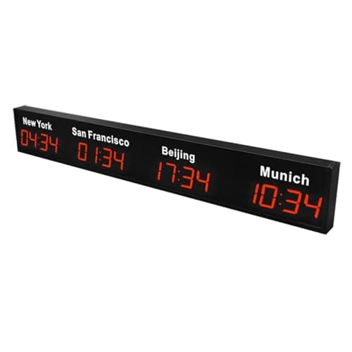 Wall Mounted World Clock, 3/4/5 City Time Zone LED Digital World Time Wall Clock Indoor Multi Time Zone World Wall Clock for Multinational Enterprises/Office/Home/Living Room/School,Red-4City