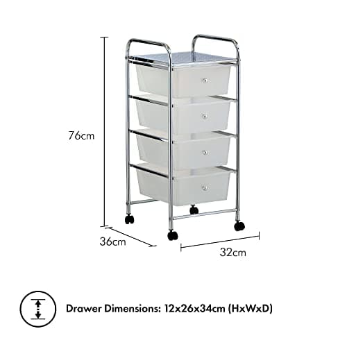 4 Drawer Plastic Storage Trolley, Multipurpose Storage Drawer Rolling Cart, Unit Home Office Stationery Organisation, Make-up, Beauty - Mobile Design 4 Tier Shelving and Castor Wheels – White