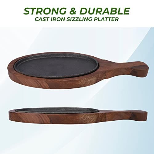 e kysa basics Cast Iron Sizzler Plate with Handle (25 * 16 cm) with Wooden Base (37 * 19 cm) - Set of 4
