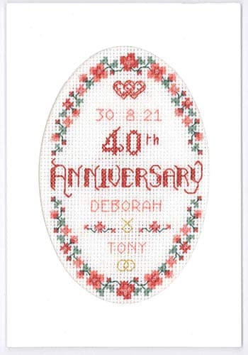 Floral 40th Anniversary Card - Ruby Wedding - Complete Cross Stitch kit on 16 aida with Clear Colour Chart