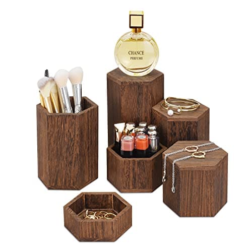 MOOCA Lightweight Wooden 6 Pcs Hexagonal Risers and Storage Containers for Jewelry Accessories and Cosmetic, Wooden Display Risers, Brown Color