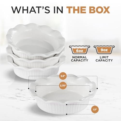 Aunt Shannon's Kitchen White Ceramic Mini Pie Pans - Set of 4 - Small 5.5 Inch Pie Pans with Classic Fluted Rims - Individual Pot Pie Pans for Pot Pies, Quiches, Puddings - Pot Pie Baking Dishes