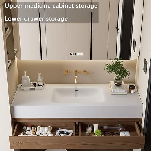 Floating Bathroom Vanity with Sink - Modern Bathroom Vanity | Includes Smart Defogging Medicine Cabinet | Multi-Layer Solid Wood | Wall Mount (Yellow, 56 in)