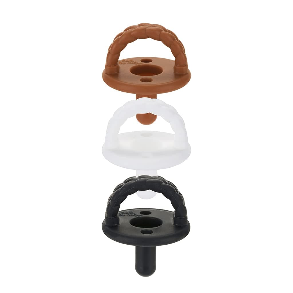 Itzy Ritzy Silicone Pacifiers for Newborn – Itzy Soother Pacifiers Feature Collapsible Handle & Two Air Holes for Added Safety – for Ages 0-6 Months, Coffee & Cream Set of 3 in White, Tan & Brown