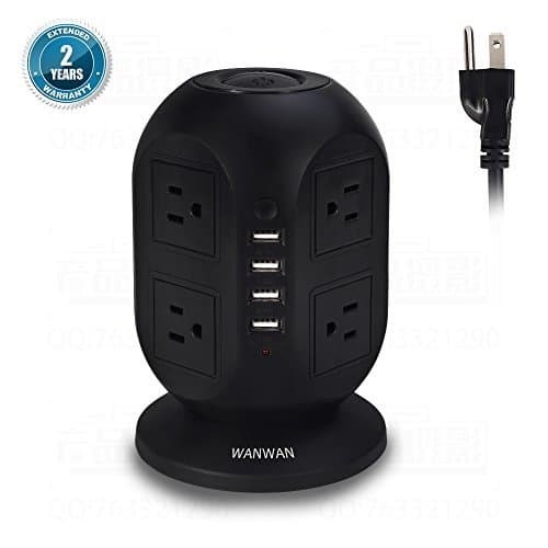 Smart Vertical Power Strip Tower ,Power Socket Surge Protector 8 Outlets 4USB Ports with 6.5 feet Power Cord for PC Laptops Mobile (black)