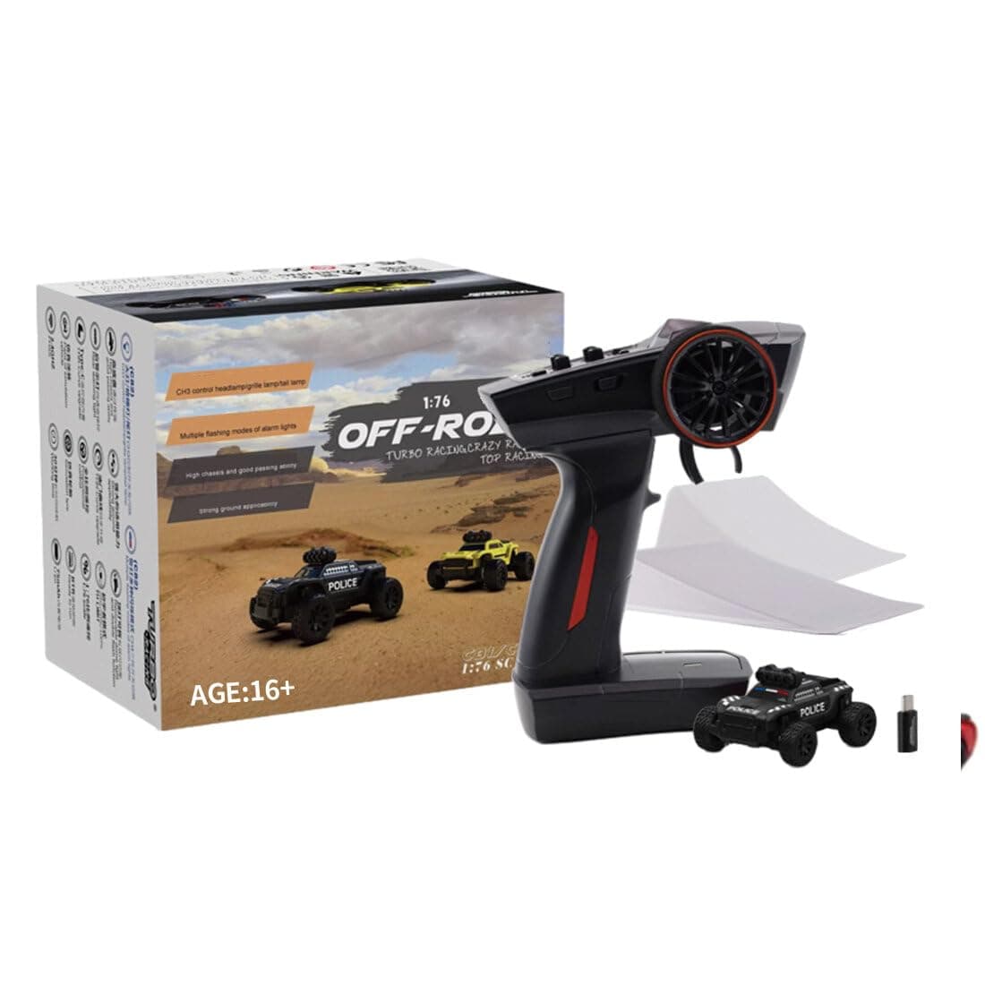 LOCHE Remote Control Car, Racing C82 1/76 Scale RC 3CH Electric RWD Police Truck, High Speed 2.4G Racing Sport Car All Terrain Off-Road Truck for Birthday Gift - RTR Version