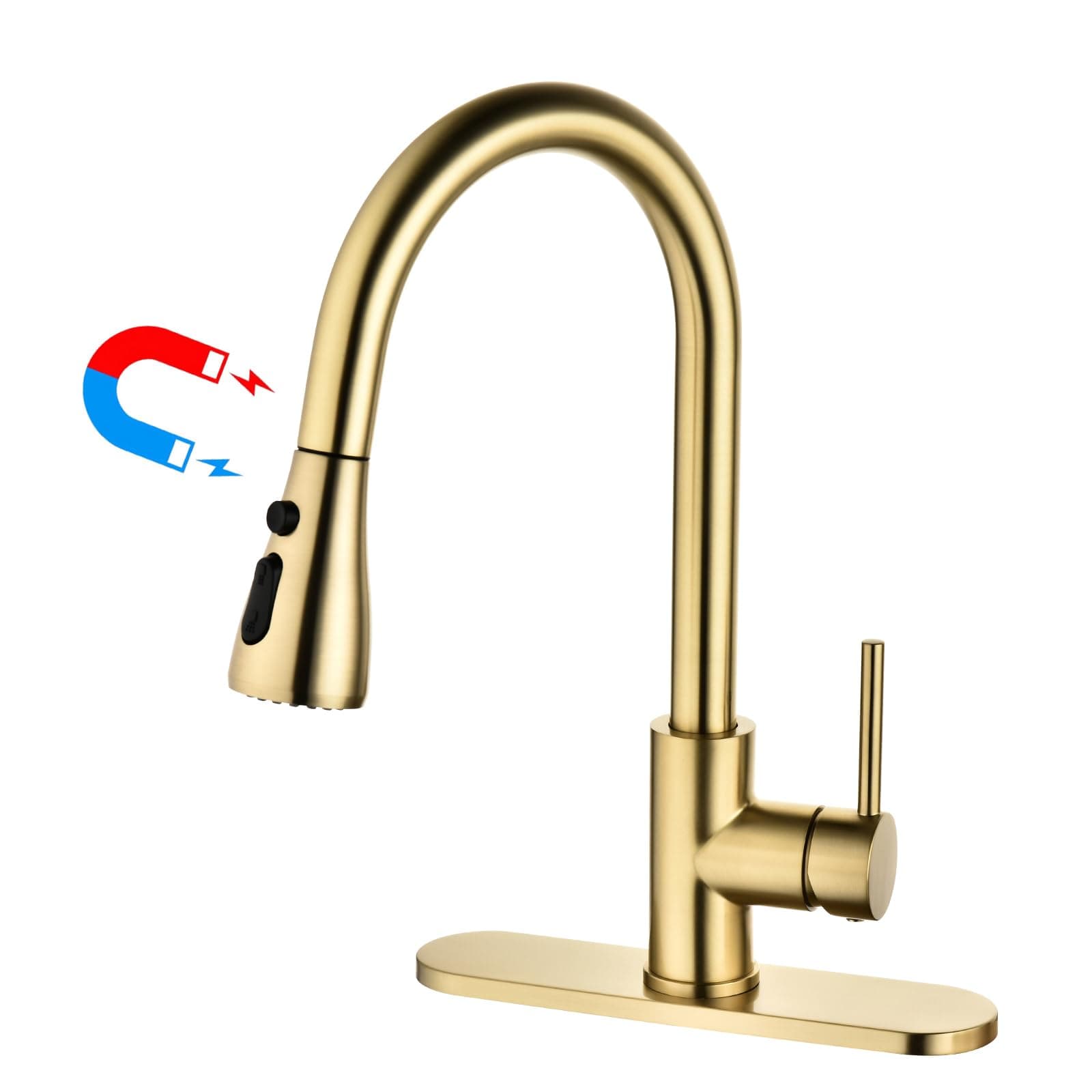 Gold Kitchen Faucet with Pull Down Magnetic Sprayer, High Arc Stainless Steel Material, with cUPC Ceramic Cartridge,Without Deck Plate,Fit for 1 Hole Kitchen Sink
