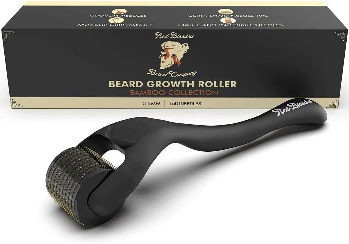 Red-Blooded Beard Roller 0.5mm – 540 Titanium Microneedle Derma Roller for Beard Growth & Hair Regrowth for Men – Microneedling Tool for Thicker, Fuller Beard & Skincare