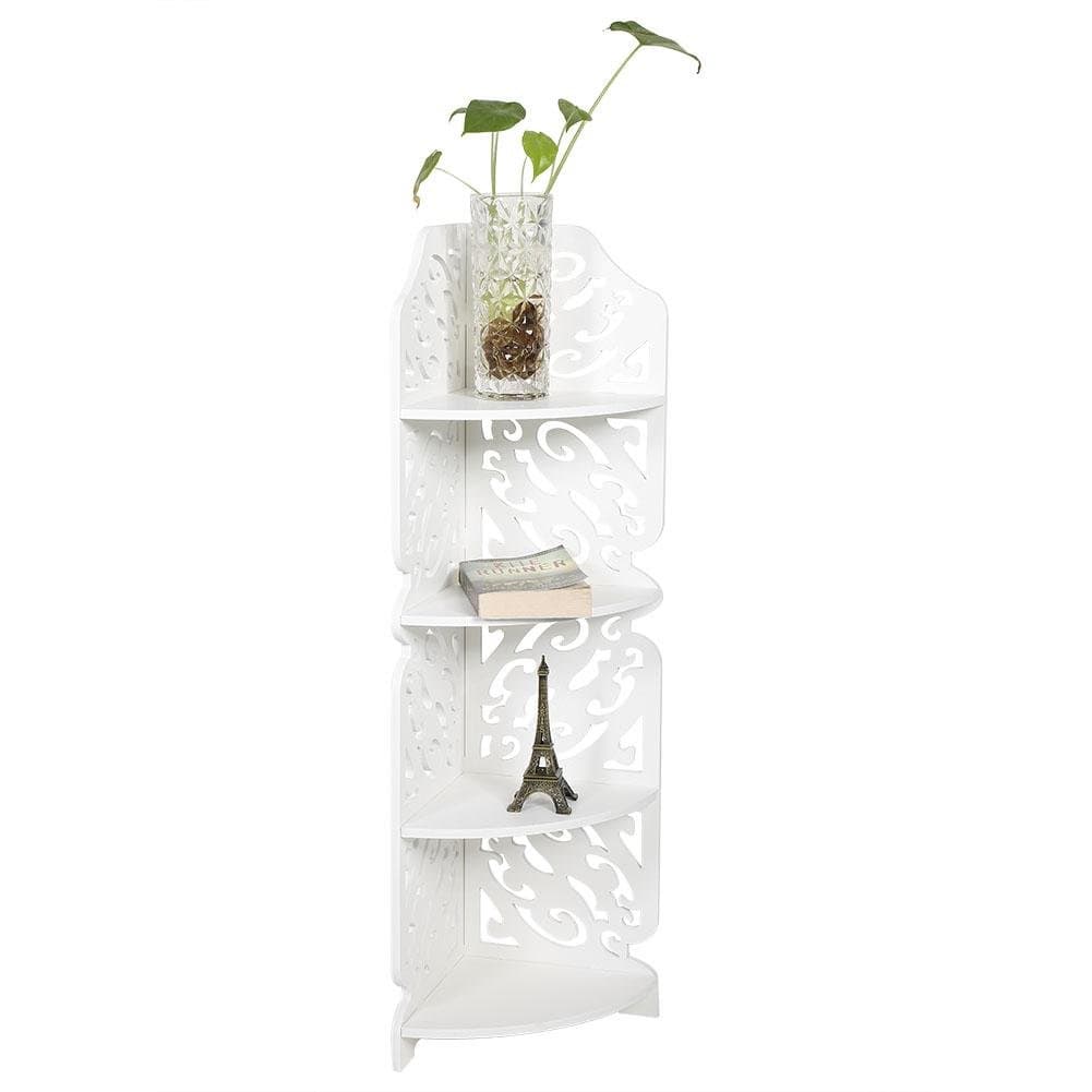 Corner Shelf Unit, 4 Tiers Wall Mounted Corner Display Shelf Bookcase Storage Organiser Bookshelf Stand Cosmetic Storage Rack Carved Dampproof Shelving Unit White for Home Kitchen Garden,80 x 18 x22cm