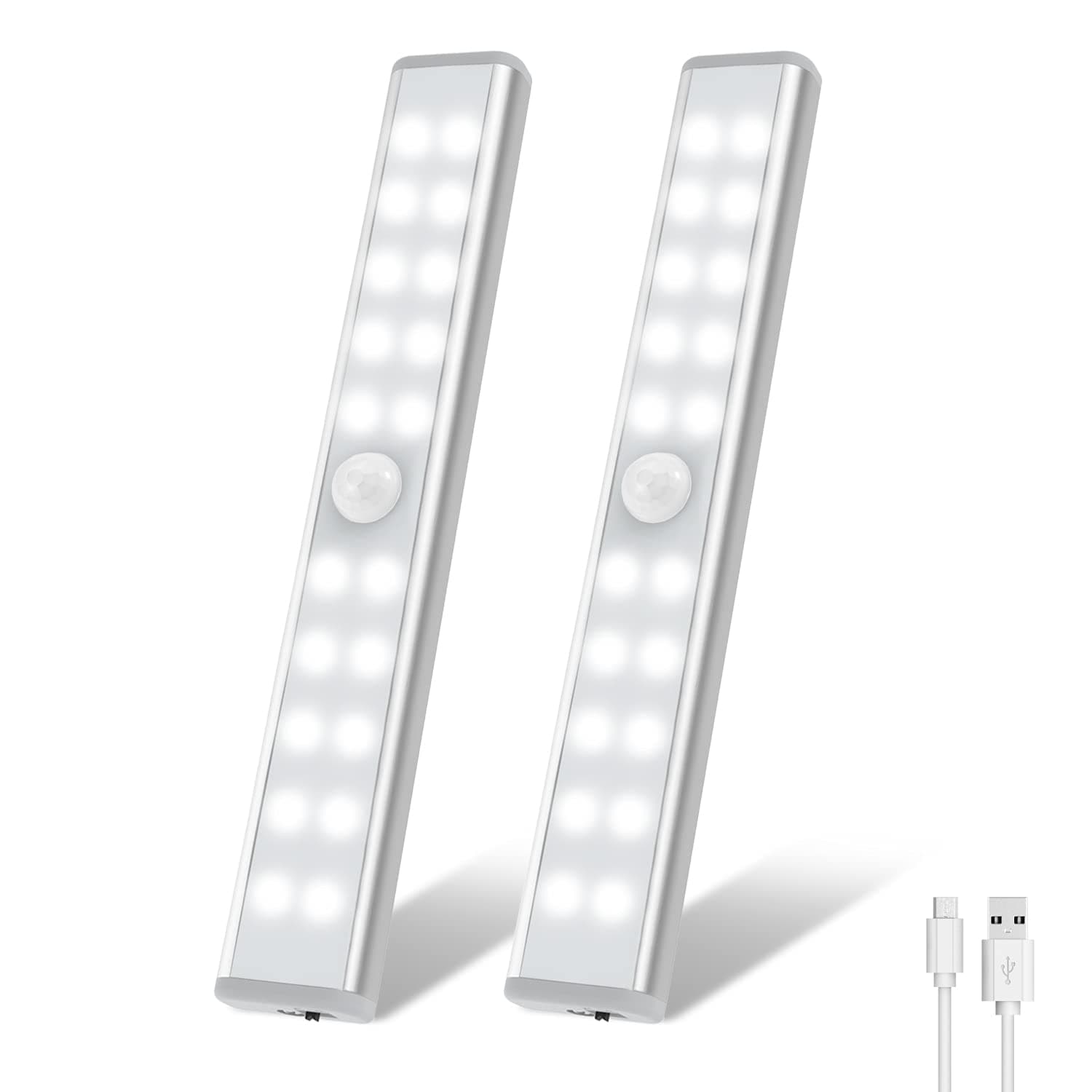 OxyLED Motion Sensor Lights, USB Rechargeable 20 LED Closet Lights Wireless Under Cabinet Lights Stick-on Stairs Step Light Bar LED Night Light Safe Light for Wardrobe Kitchen 2 Pack