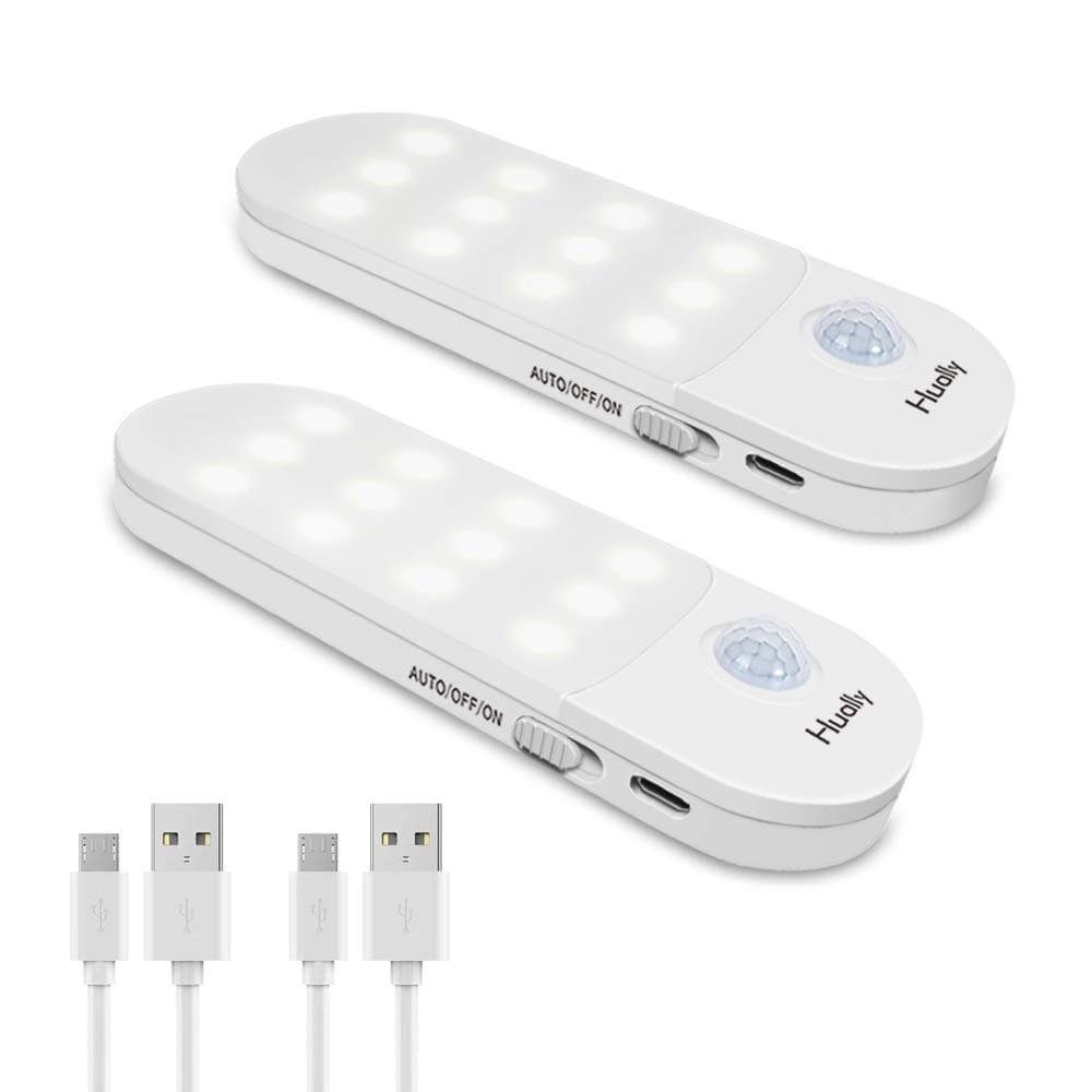 Hually Cupboard Light, (2 Pack) 24 LEDs Motion Sensor Lights USB Rechargeable Battery-Powered, Stick-On Night Light with Removable Magnet for Wardrobe Closet Hallway Bedroom Kitchen, Warm White