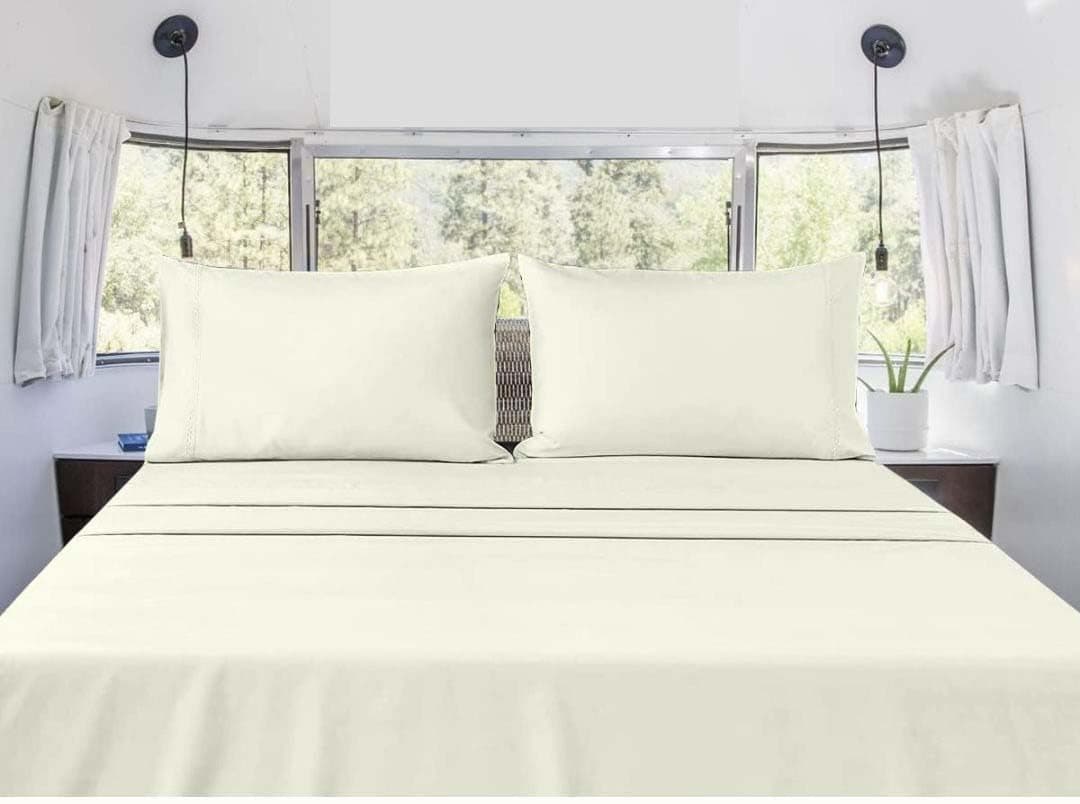 RV Olympic Queen(66x80) Sheet Set 4 Pcs- 100% Microfiber Ivory Solid, RV Camper Bunk Sheets, Fits Upto 15 inch Deep Pocket Mattress, For Travel Trailers Bedding- RV Sheets RV Olympic Queen, Ivory