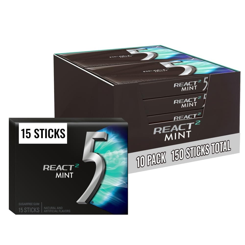 (10 Pack) 5 GUM React Mint Gum Sugar Free Chewing Gum Bulk, 15 Stick Box