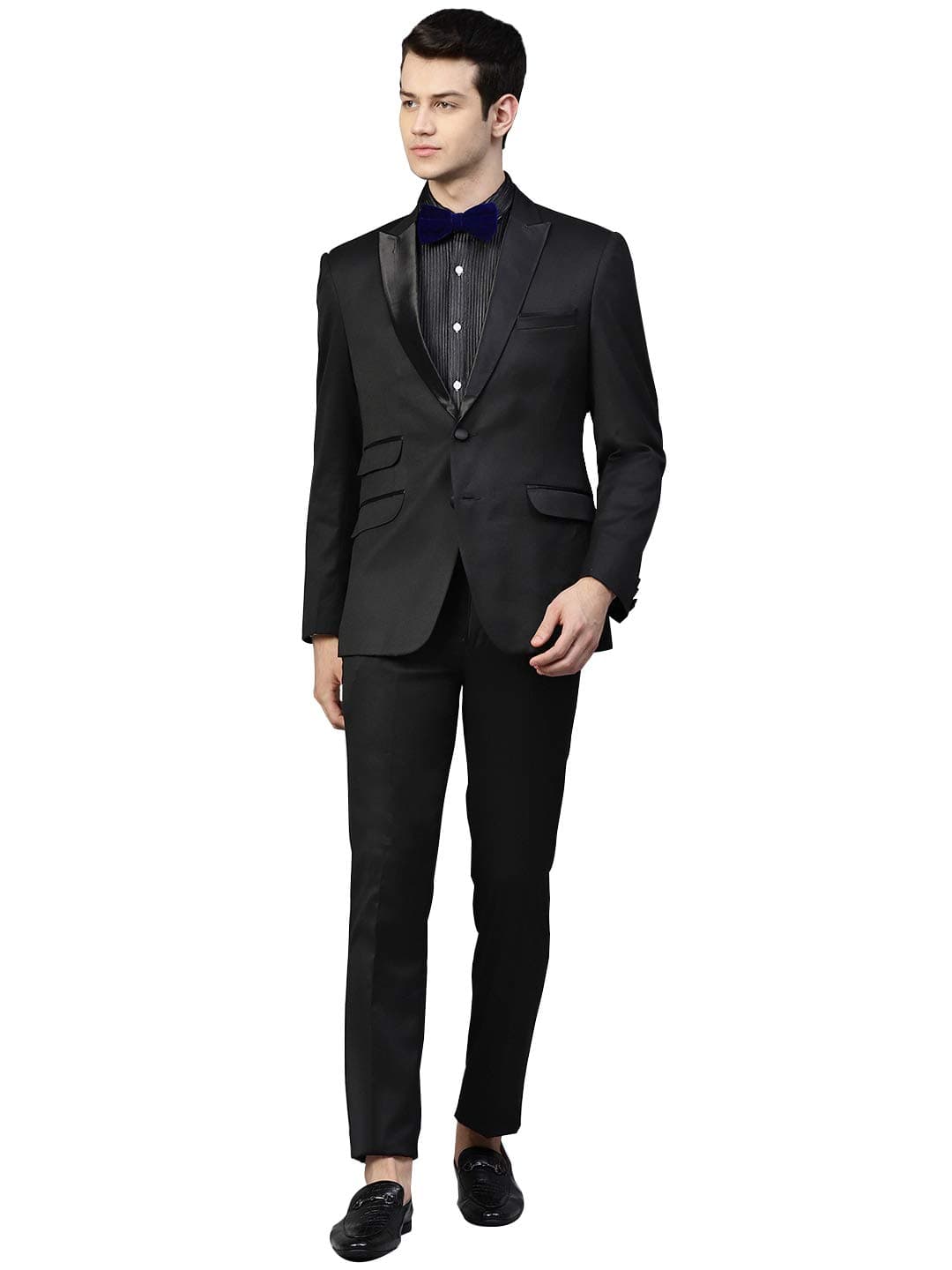 MANQMen Black Solid Slim Fit Tuxedo Suit