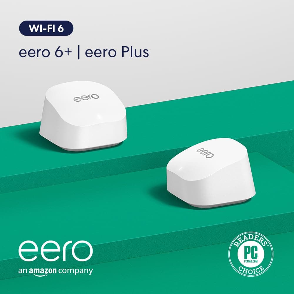 Amazon eero 6+ mesh wifi system with 1 month free eero Plus (auto-renews) - Coverage up to 3,000 sq. ft., Connect 75+ devices, 2-pack