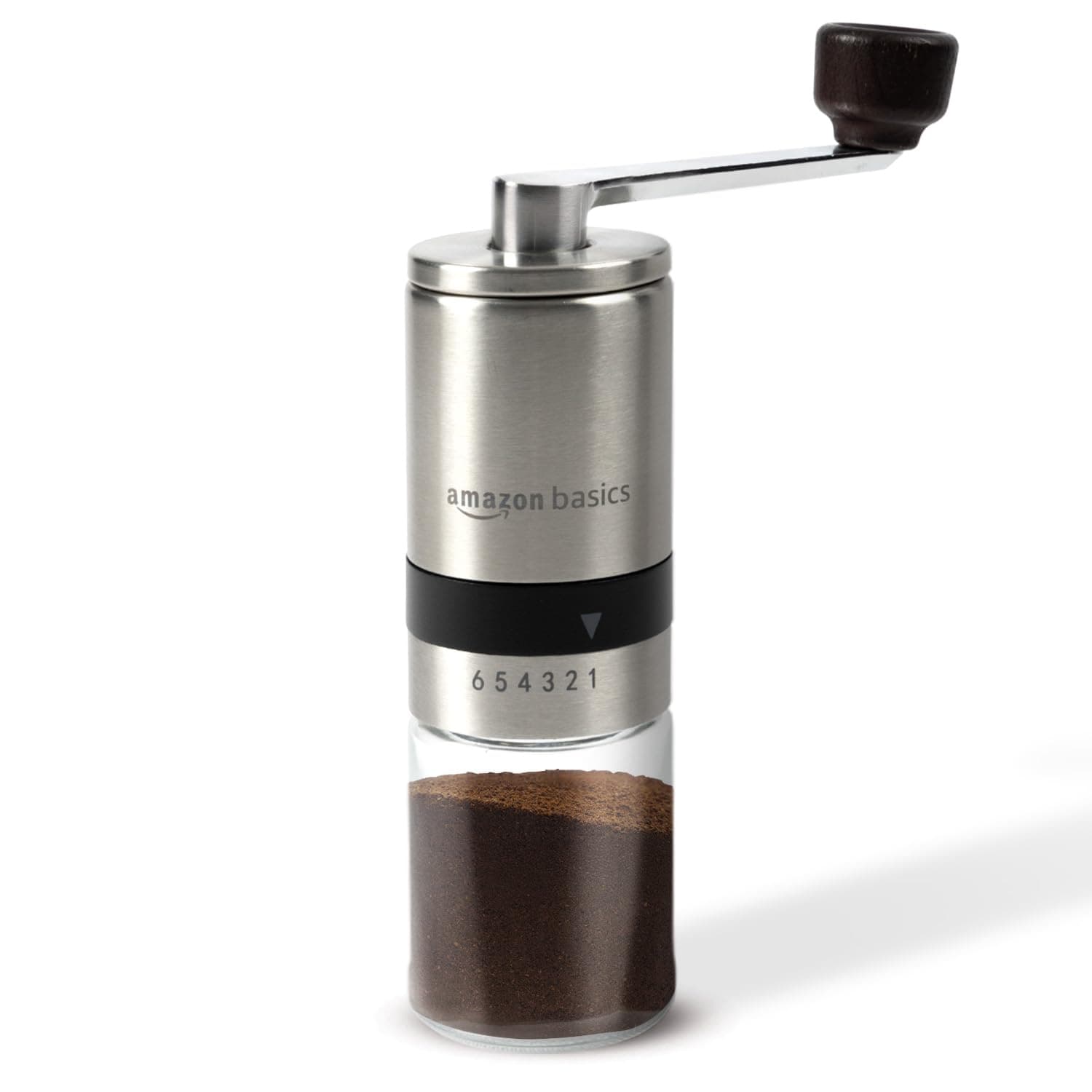 Amazon Basics Manual Coffee Grinder with Ceramic Burr & 6 Adjustable Grind Settings, Glass Jar & Stainless Steel Body, Portable & Lightweight, Ideal for Espresso, French Press, Cold Brew, Silver
