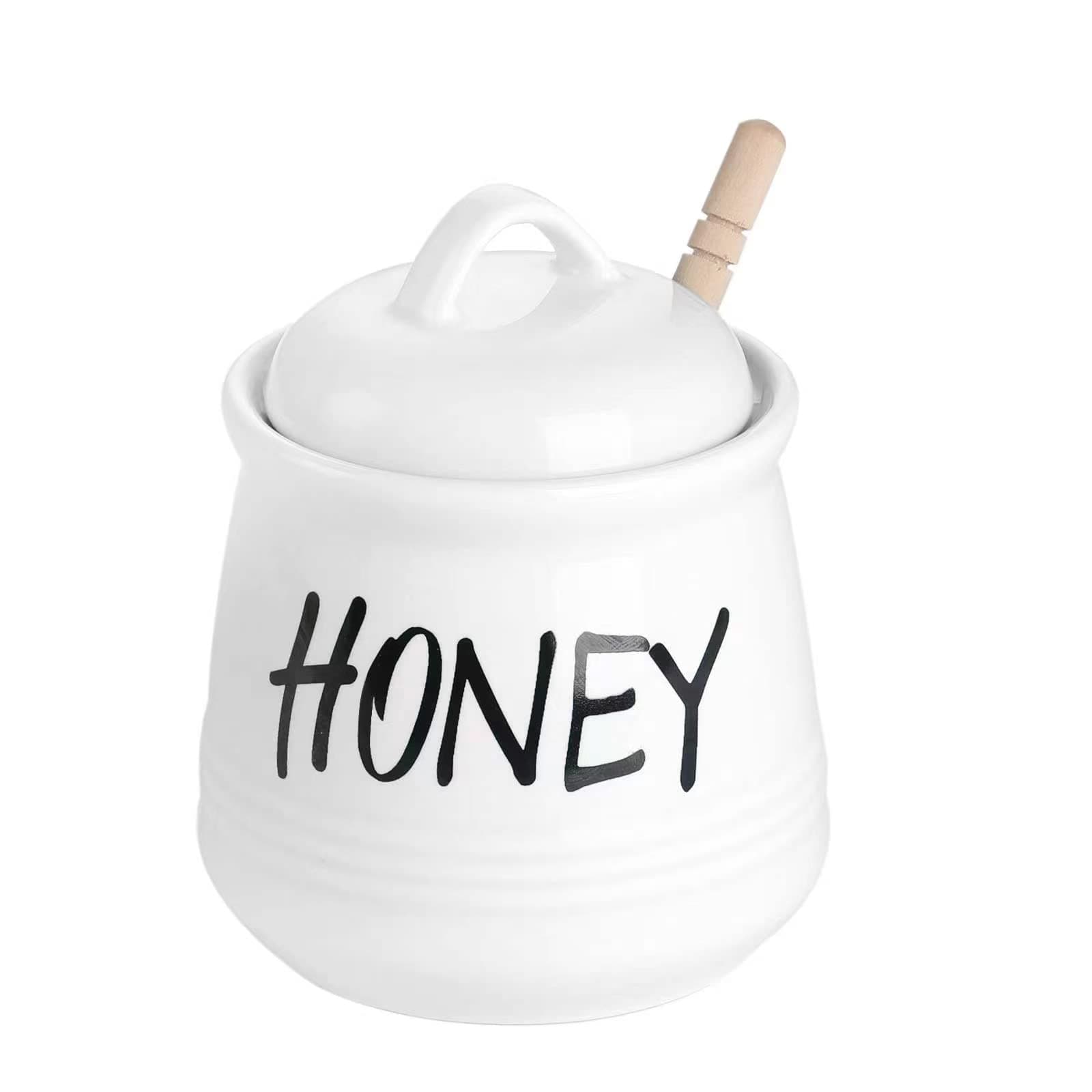 Porcelain Small Honey Jar with Lid and Honey Dipper 12oz (White)