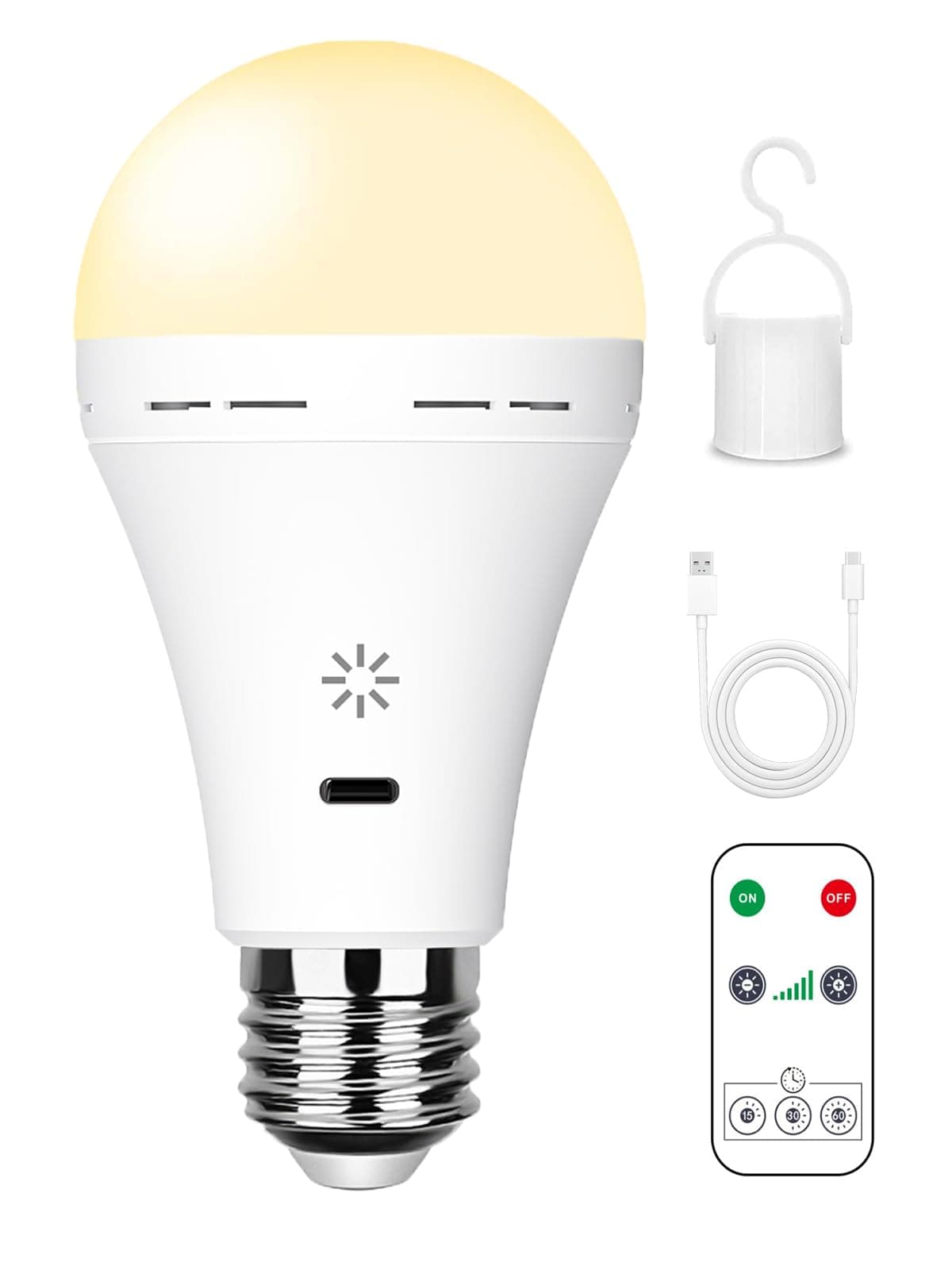 USB C Rechargeable Light Bulb with Remote Control, 7W Battery Powered Light Bulbs E27 Touch Control Dimmable LED Bulb, Outdoor Camping Emergency Light Bulb with Hook,Warm White Light 1 Pack