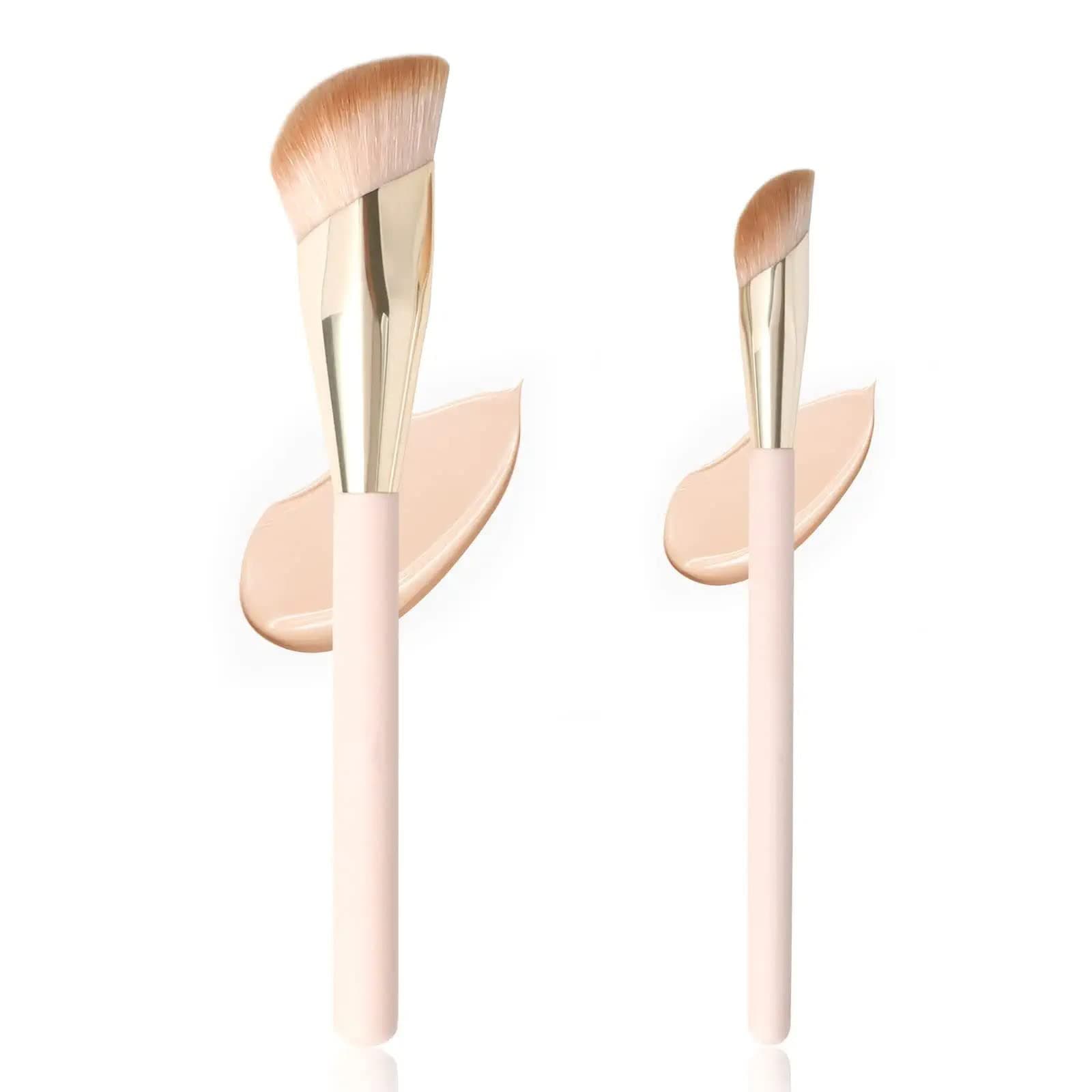 – Angled Cream Foundation and Small Under Eye Concealer Brush Set, Pink Nose Liquid Contour Blush Brushes Kit, Slanted Domed Gold Highlighter Foundcealer Brush,Small Makeup Brush for Dark Circles, 2pcs